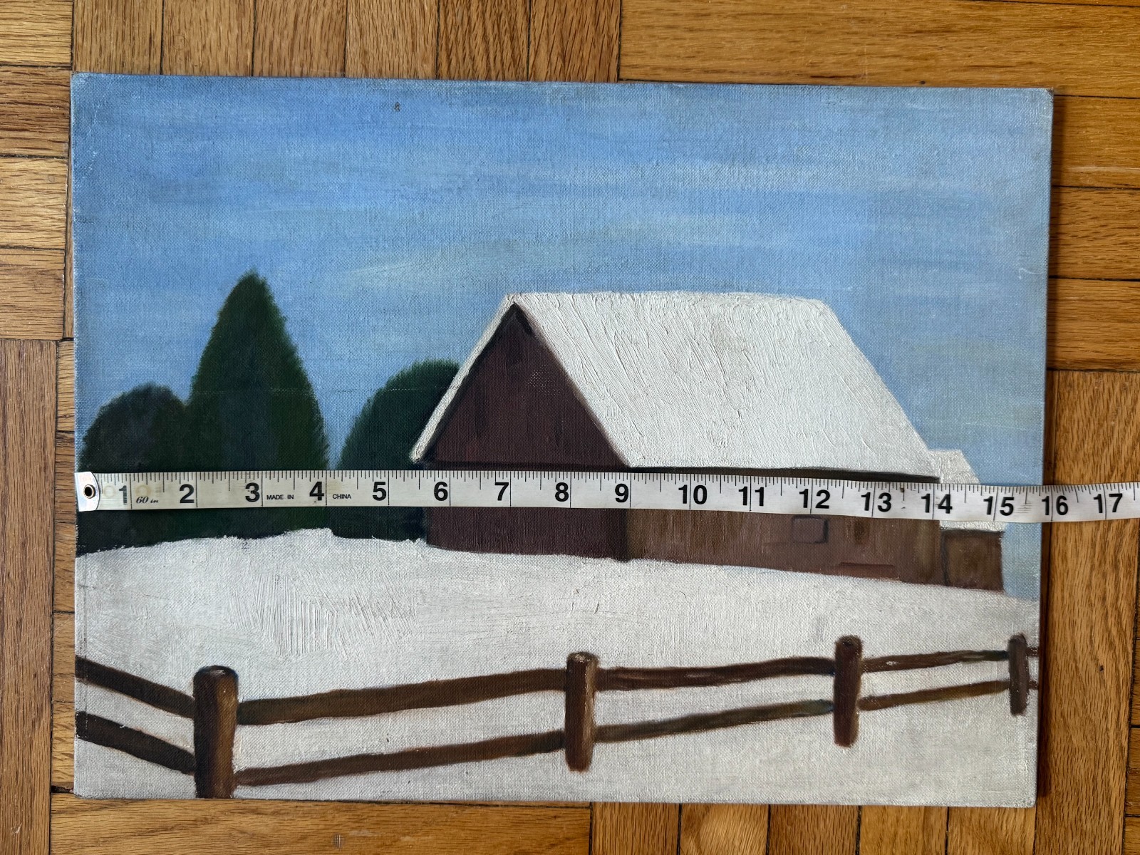 Vintage Barn Snowy Field Minimal Painting Landscape Acrylic On Board 14″x 18″