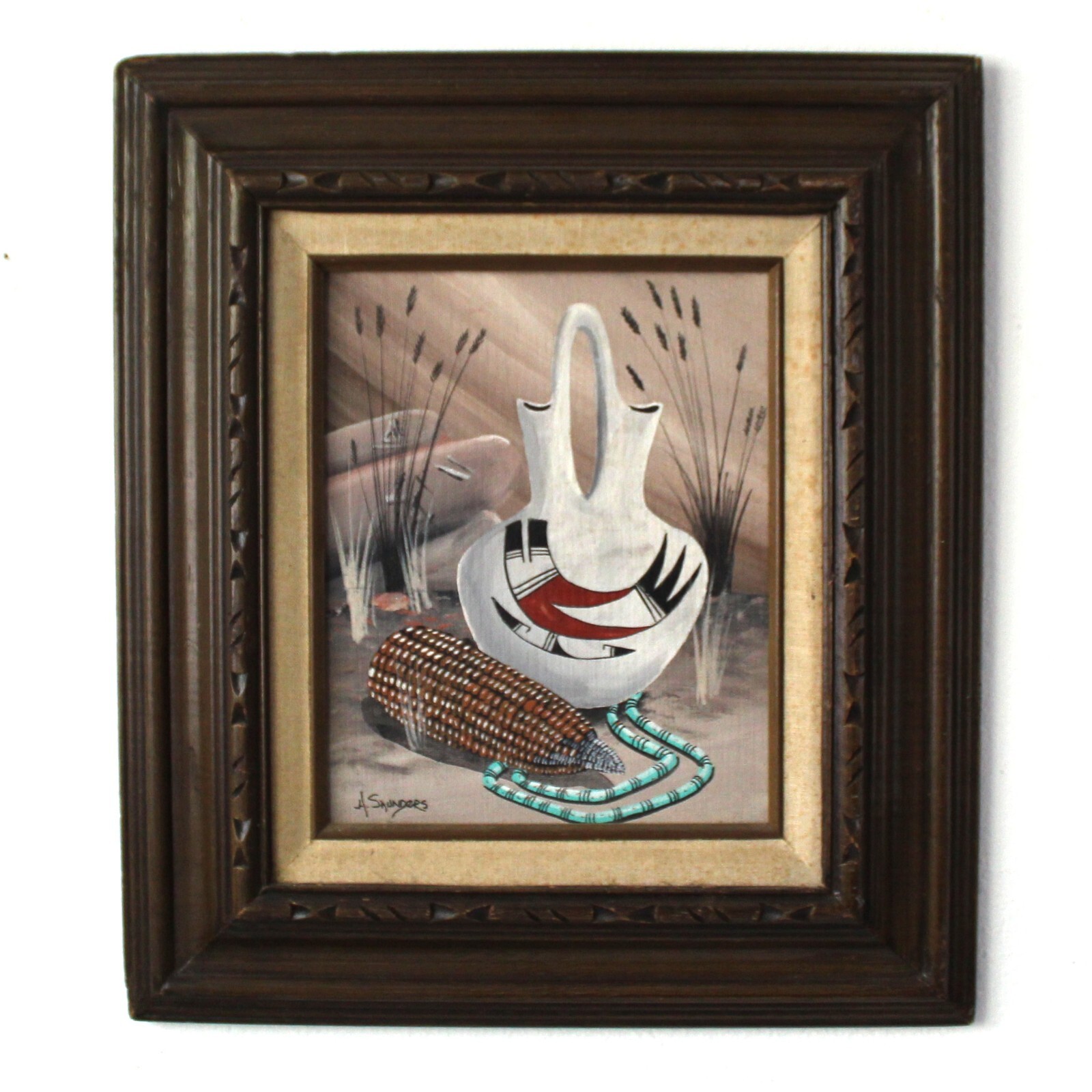 Original Painting On Board by A. SAUNDERS Indian Vase & Turquoise Jewelry Framed