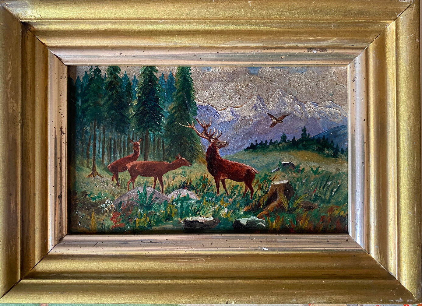 Oil Painting UM1890 Deer And Deer On Flower Meadow Before Mountain