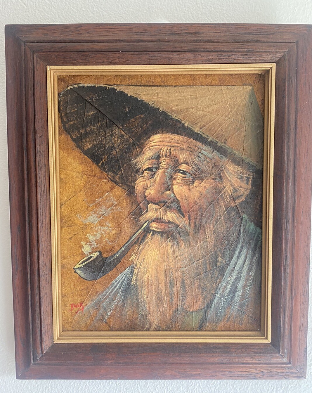 Vintage 60s Tobacco Leaf Painting Old Asian Man Smoking Pipe Artist Chinese