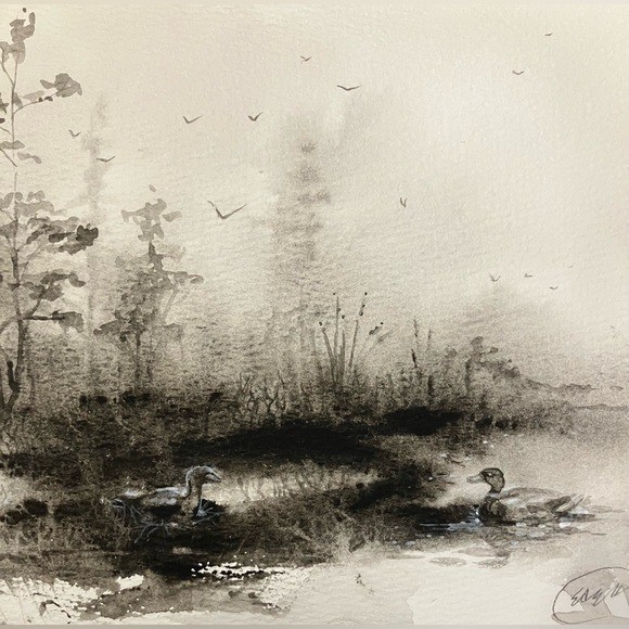 Landscape Original Ducks Painting Marsh Fog Art watercolor mix signed by artist