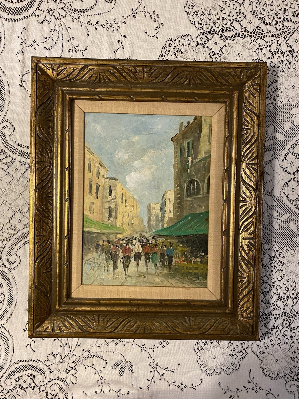 Vtg European Italian Street Scene Oil Painting Signed Canvas Ornate Frame 24×20