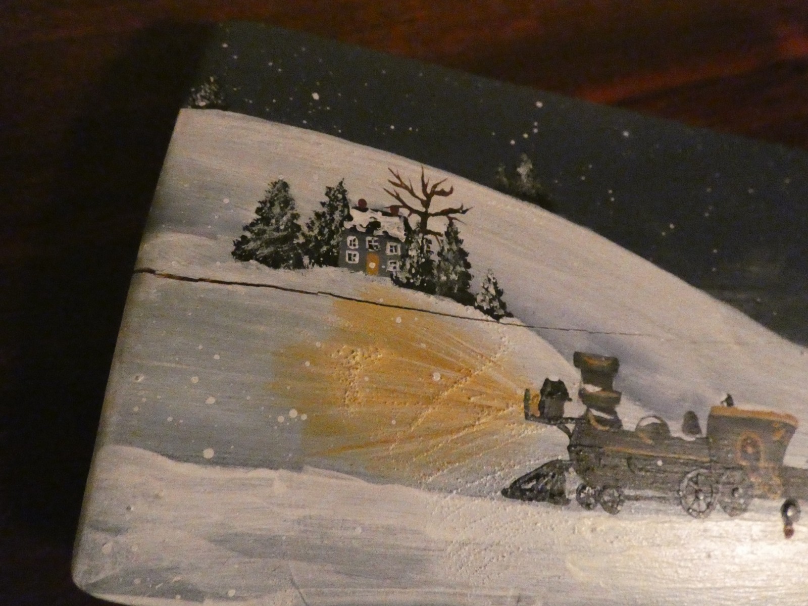 Winter Train Station Original Oil Painting on Wood Fan Blade Artist Signed