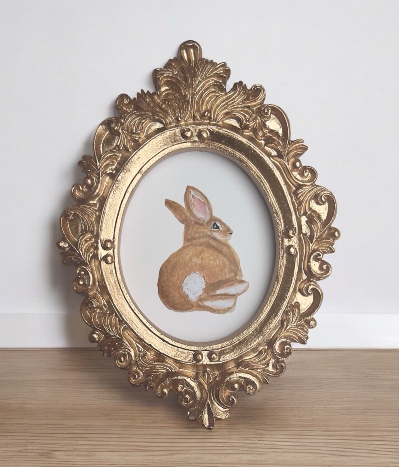 Bunny Rabbit watercolor print of painting in mini gold vtg style ornate frame