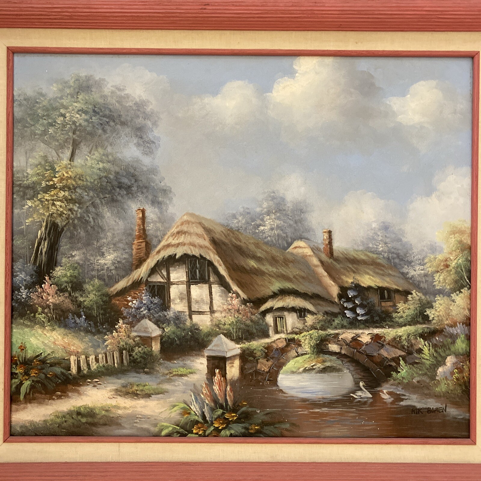 Vntg Oil Painting Cottage Scene by Rik Boren Signed Canvas Framed 29” X 25” Rare