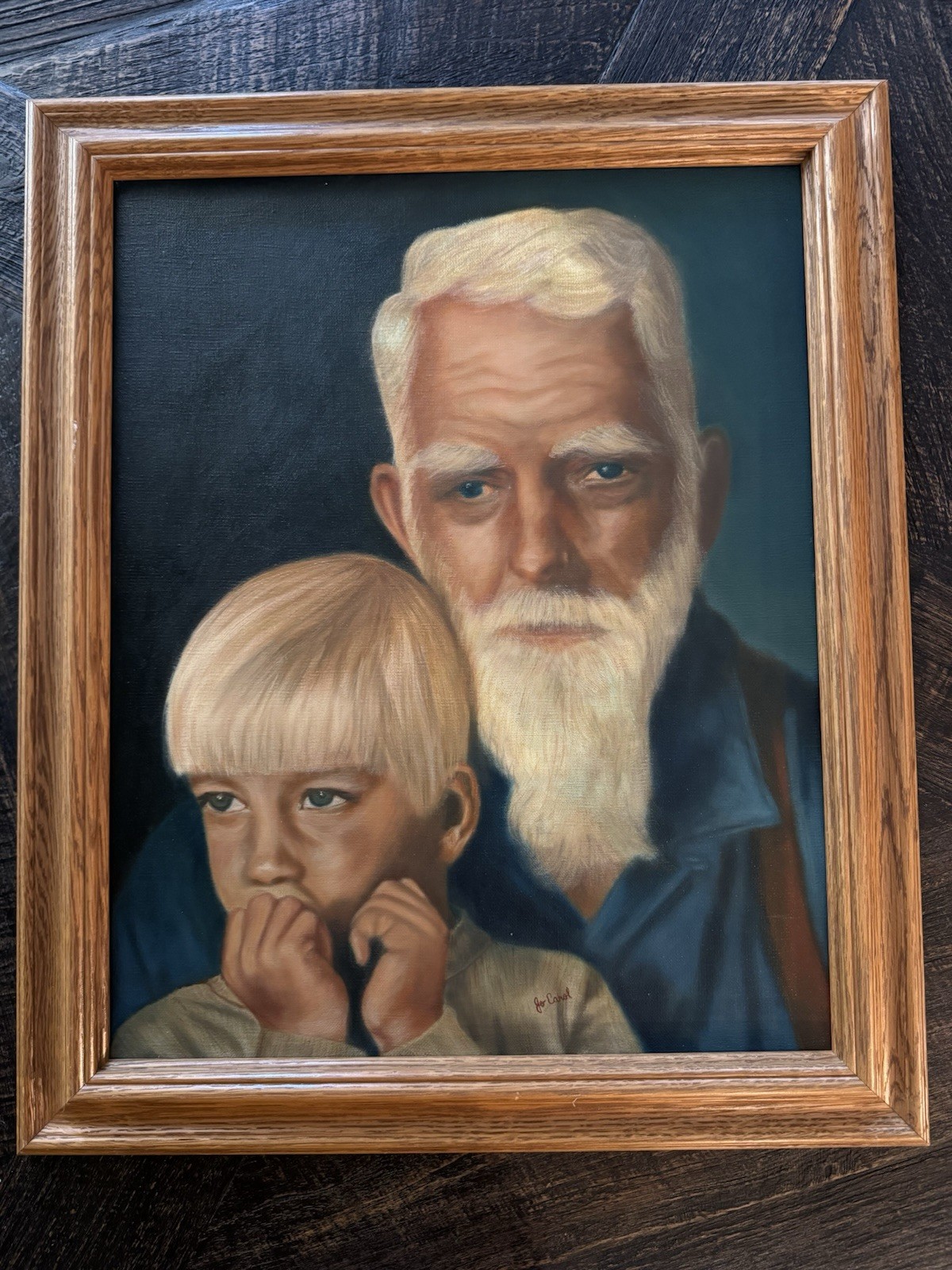 Original Oil Painting by Jo Carol Framed Folk Art Country Man Grandson Portrait