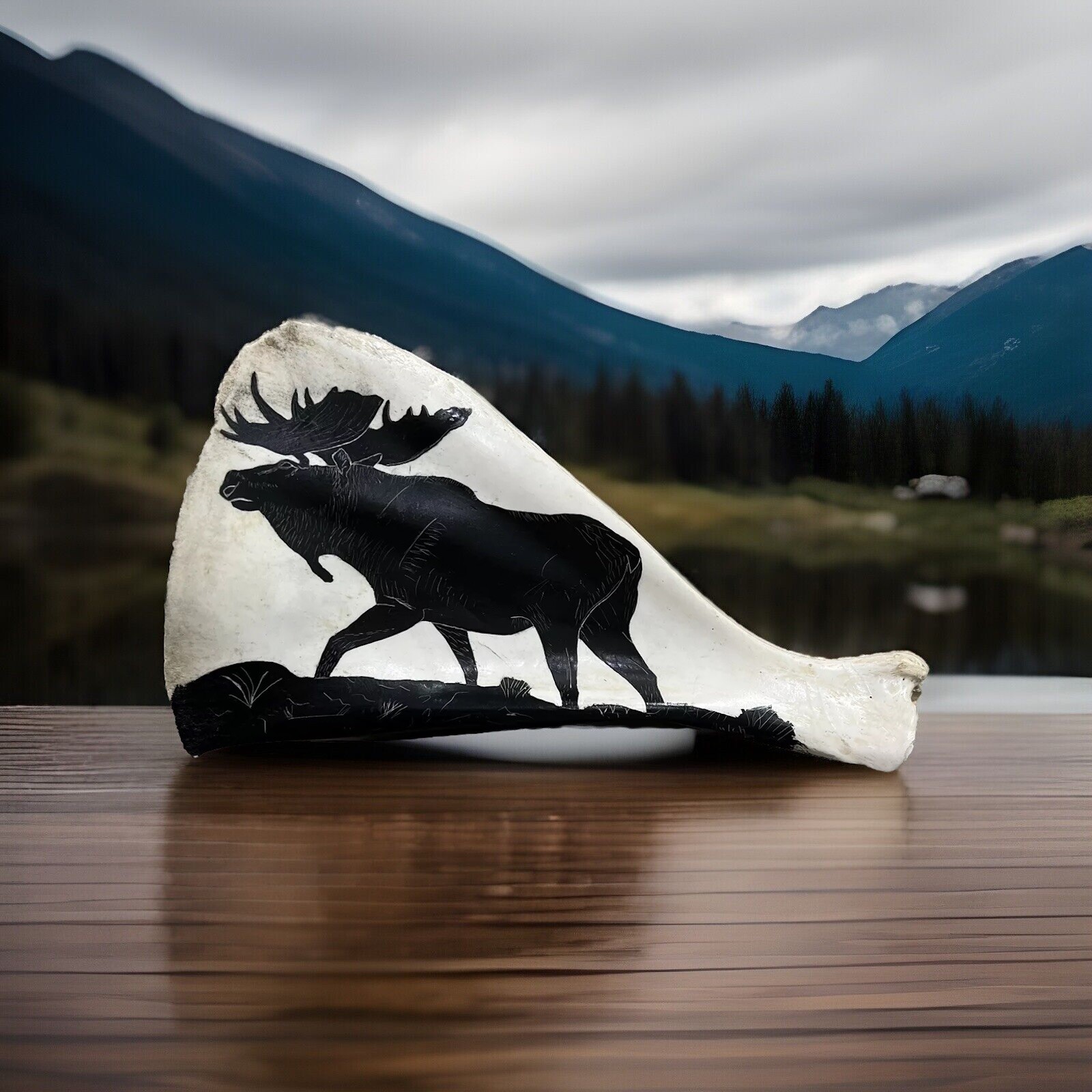 Bull Moose Painting On Shoulder Blade Bone Vintage Art Signed Cabin Decor