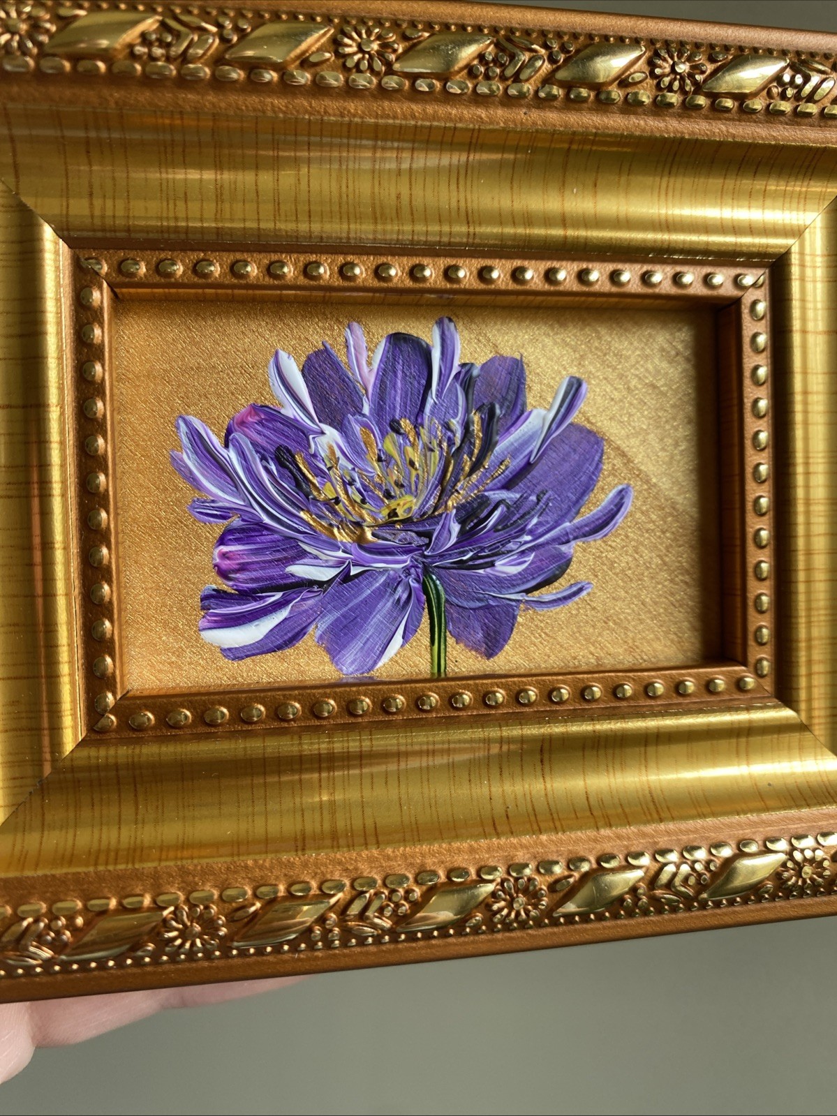 ORIGINAL Painting Peony Flower framed,gold,miniature,small,mini