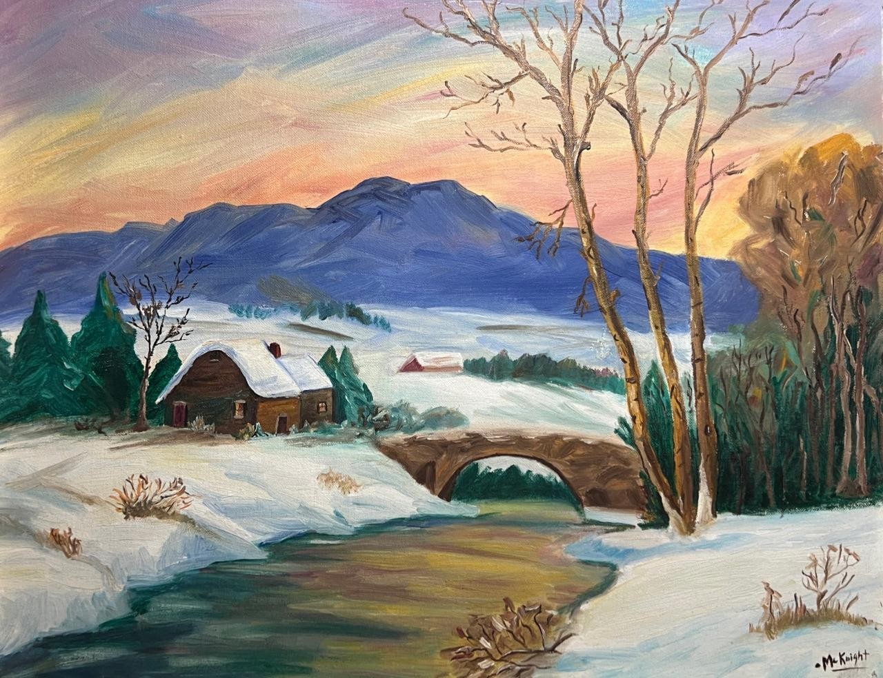 Vintage Country Farm House American Winter Snow Landscape Oil Painting McKnight