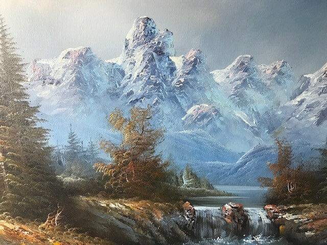 R. Scott Pine Trees Landscape Oil On canvas, Beautiful Decorative Signed.