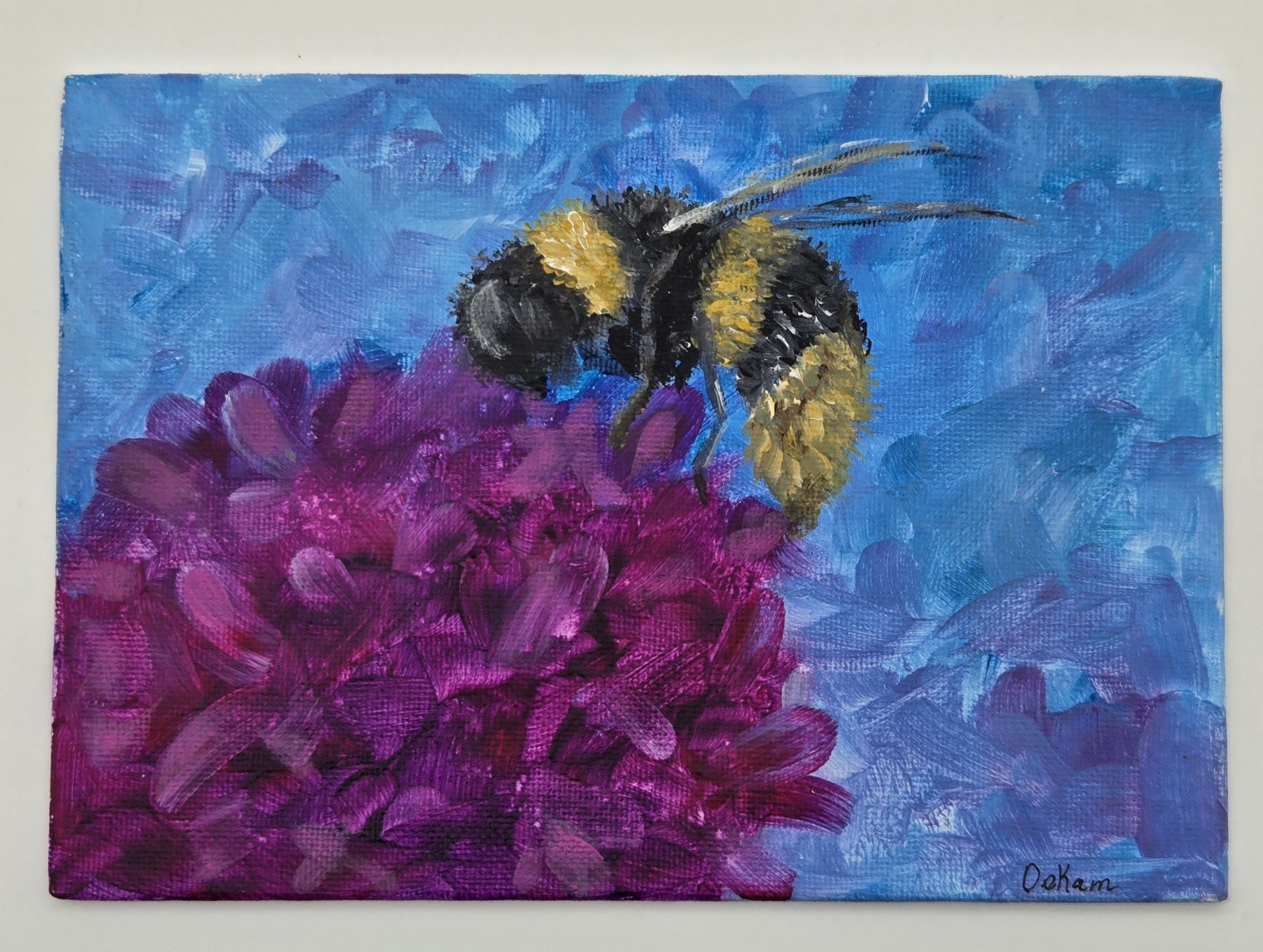 Original Bee Flower Acrylic Painting 5×7 Signed Canvas Board Bumblebee Art