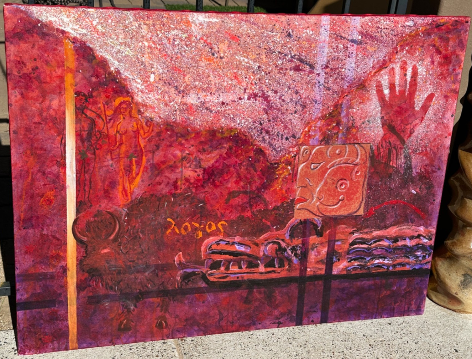 CHUCK GIBBON ALBUQUERQUE N.M. AZTEC IN RED PAINTING ON CANVAS 30″ X 40″ 1992