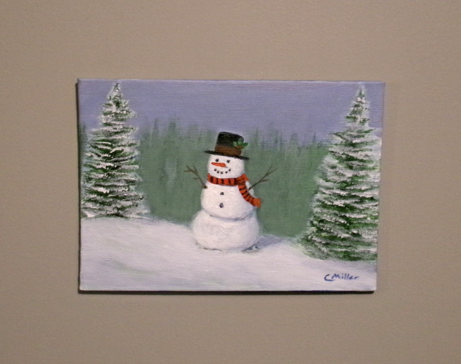 Original Painting Snowman Winter Christmas Landscape 5×7 Modern Wall Art Decor