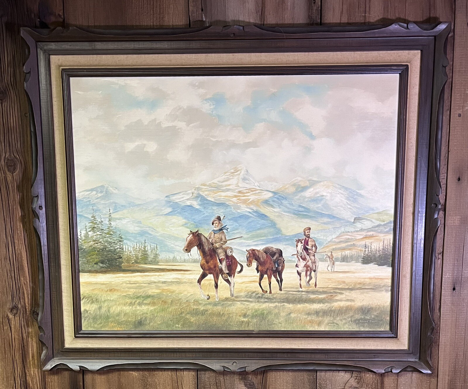 L. Edward Fisher 1973 American Western Horse Mountains Oil on Board Painting