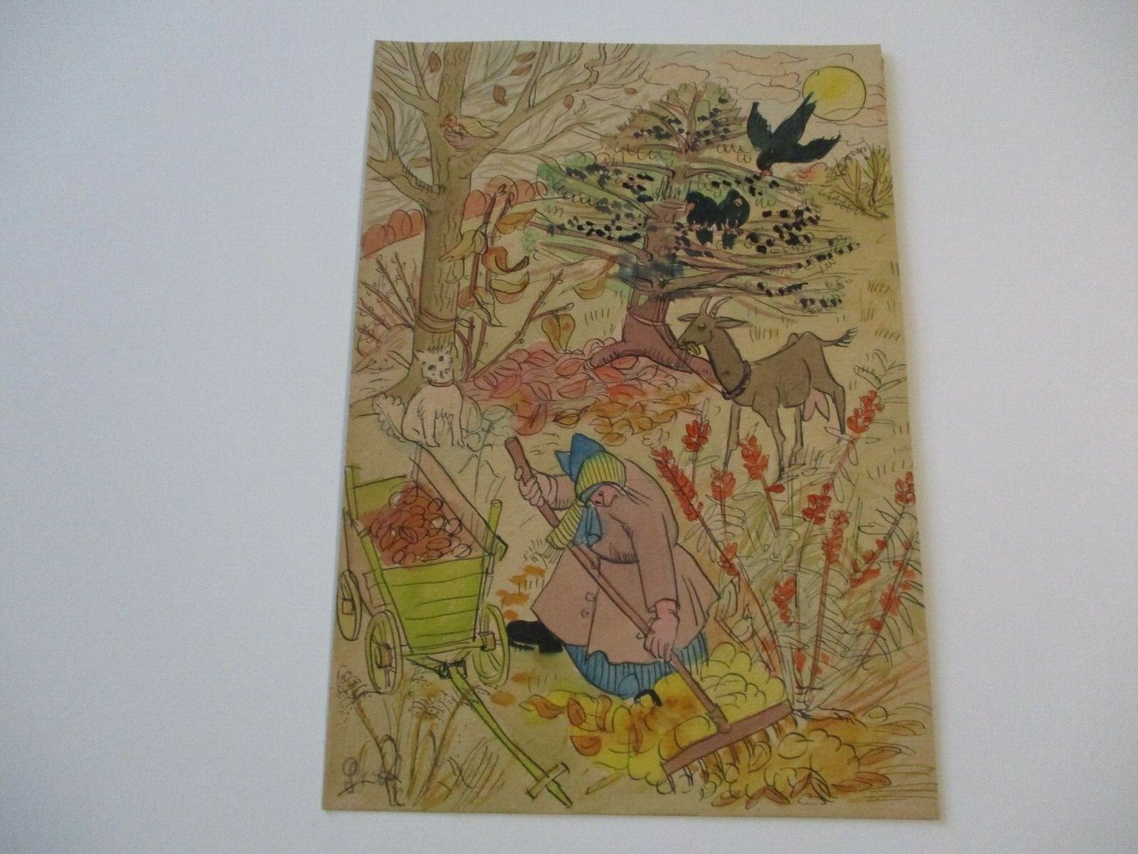 ANTIQUE WHIMISICAL PAINTING FARM LIFE WOMAN WORKING ANIMAL ABUNDANCE 1930’S MOD