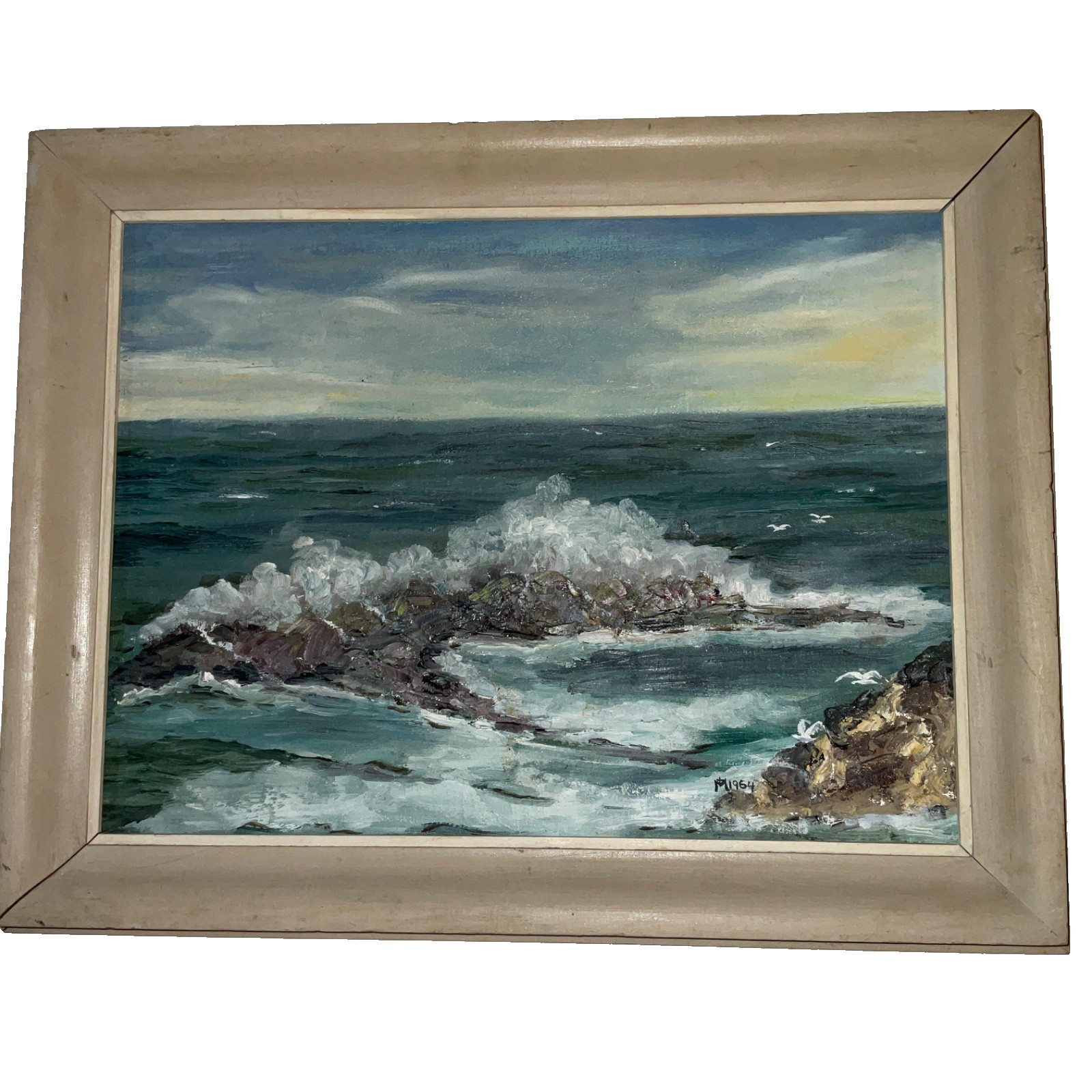 Crashing waves coast ocean Painting original hand painted beach signed MT 1964