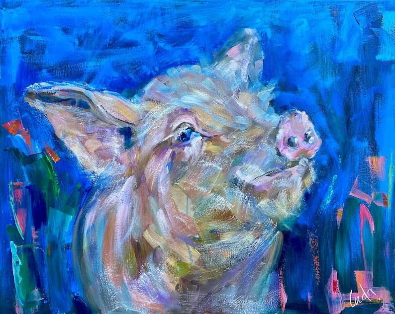 Smiling Pink Pig Animal Oil Painting on Canvas Size 24×30 inches Original Art