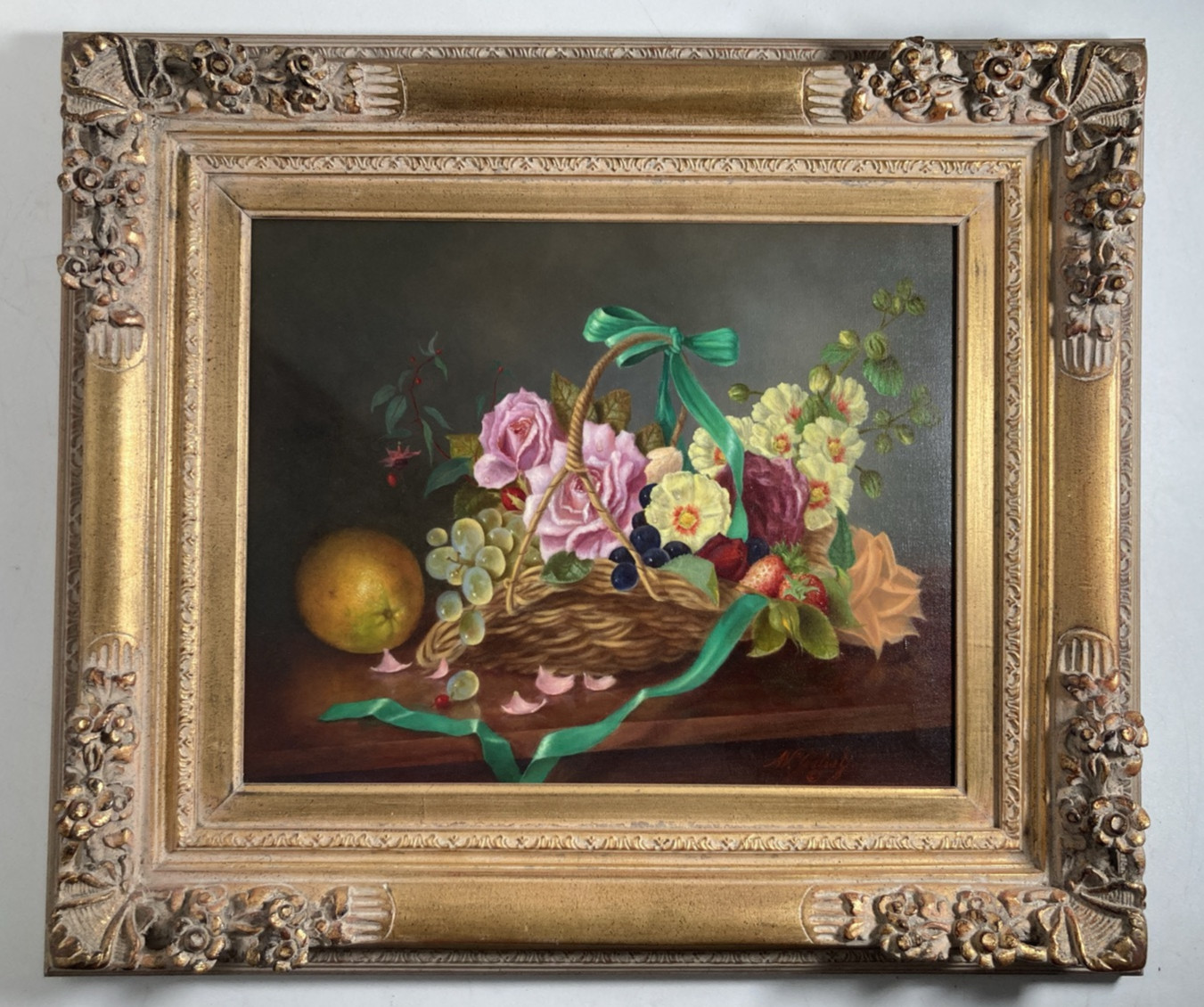 Vintage Original Oil Painting Fine Still Life Basket of Flowers and Fruit Signed