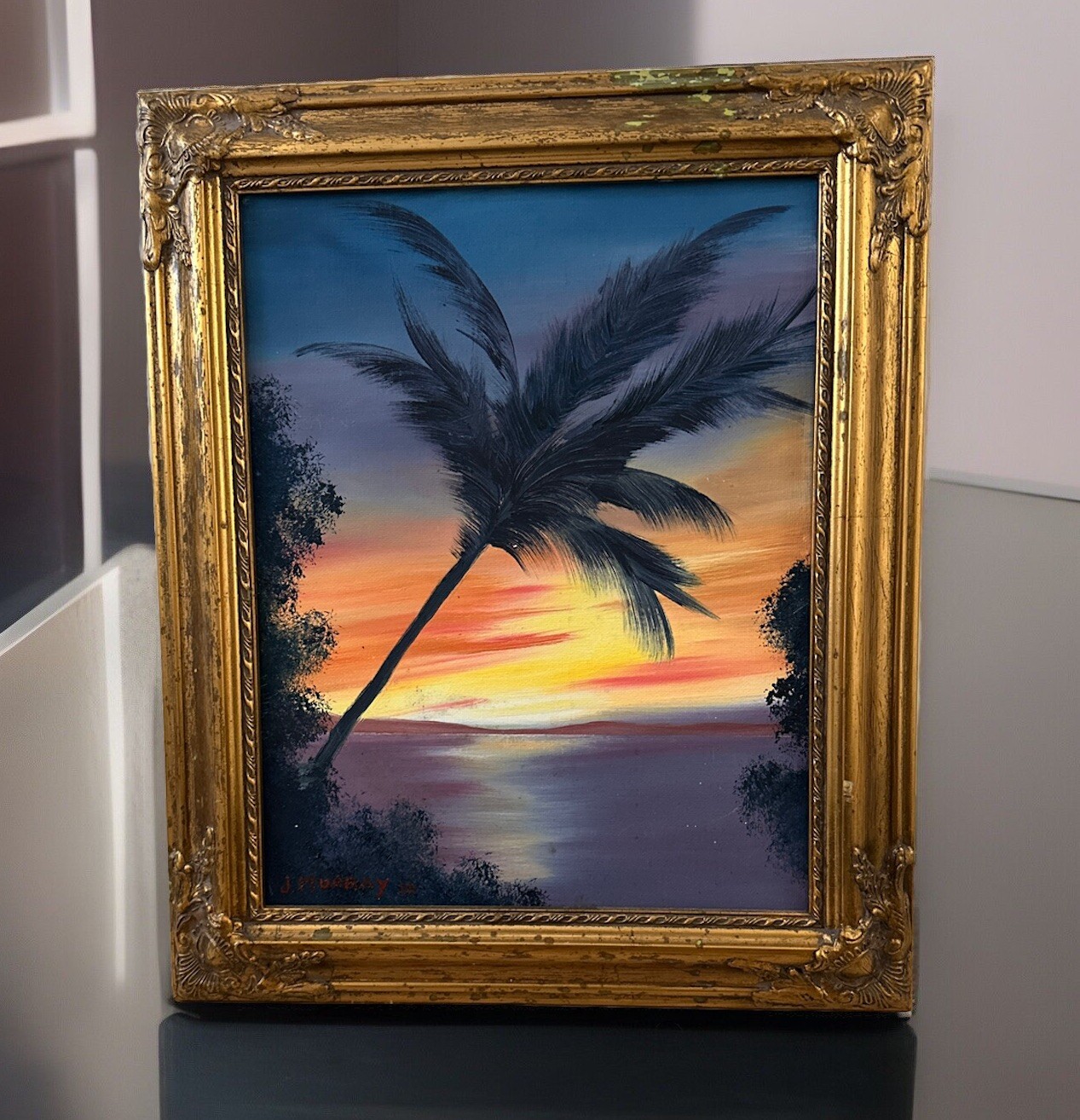 Palm Tree At Sunset Original Oil Painting Canvas Signed J Murray 2010