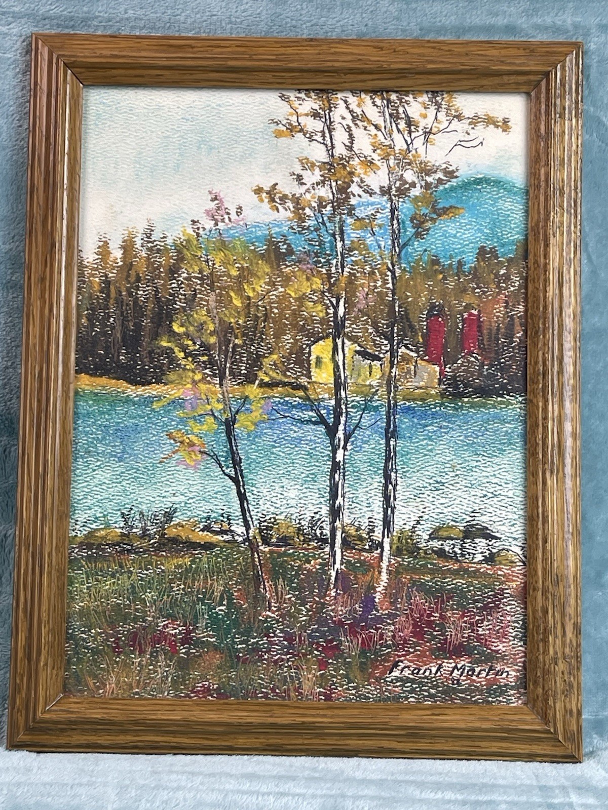 Original Vintage Farmhouse Landscape Painting Lake Scene Signed 1982 Martin
