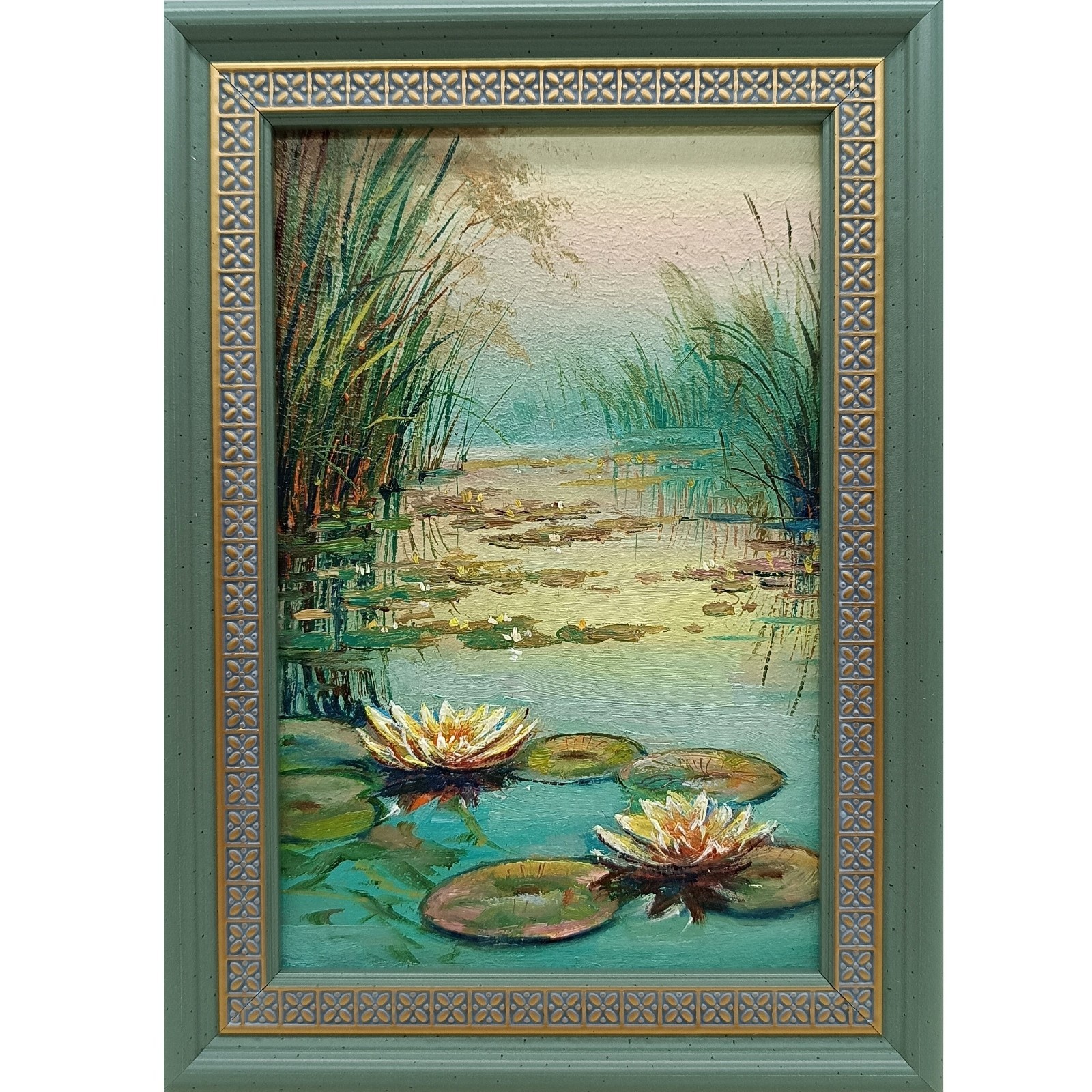 Original oil painting framed Water lilies 6×4 in