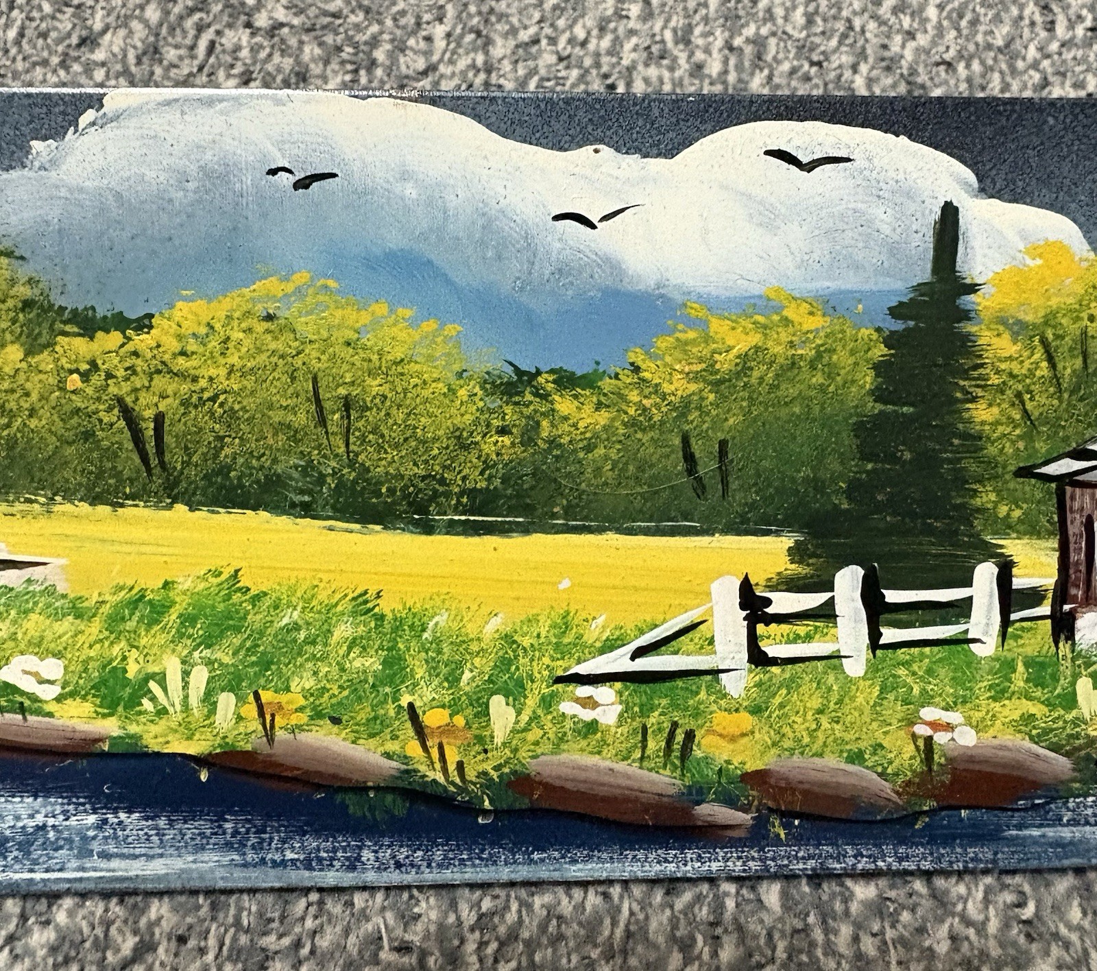 Painted Chainsaw Bar – Church/Covered Bridge/Water Mill Scene Folk Art 22-1/2″