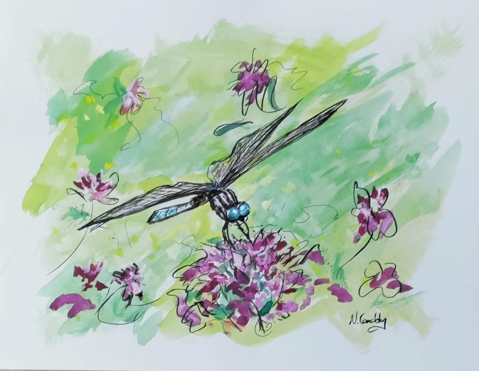 Original 9″x 12″ Abstract Expressive Dragonfly Acrylic Ink On PAPER Art