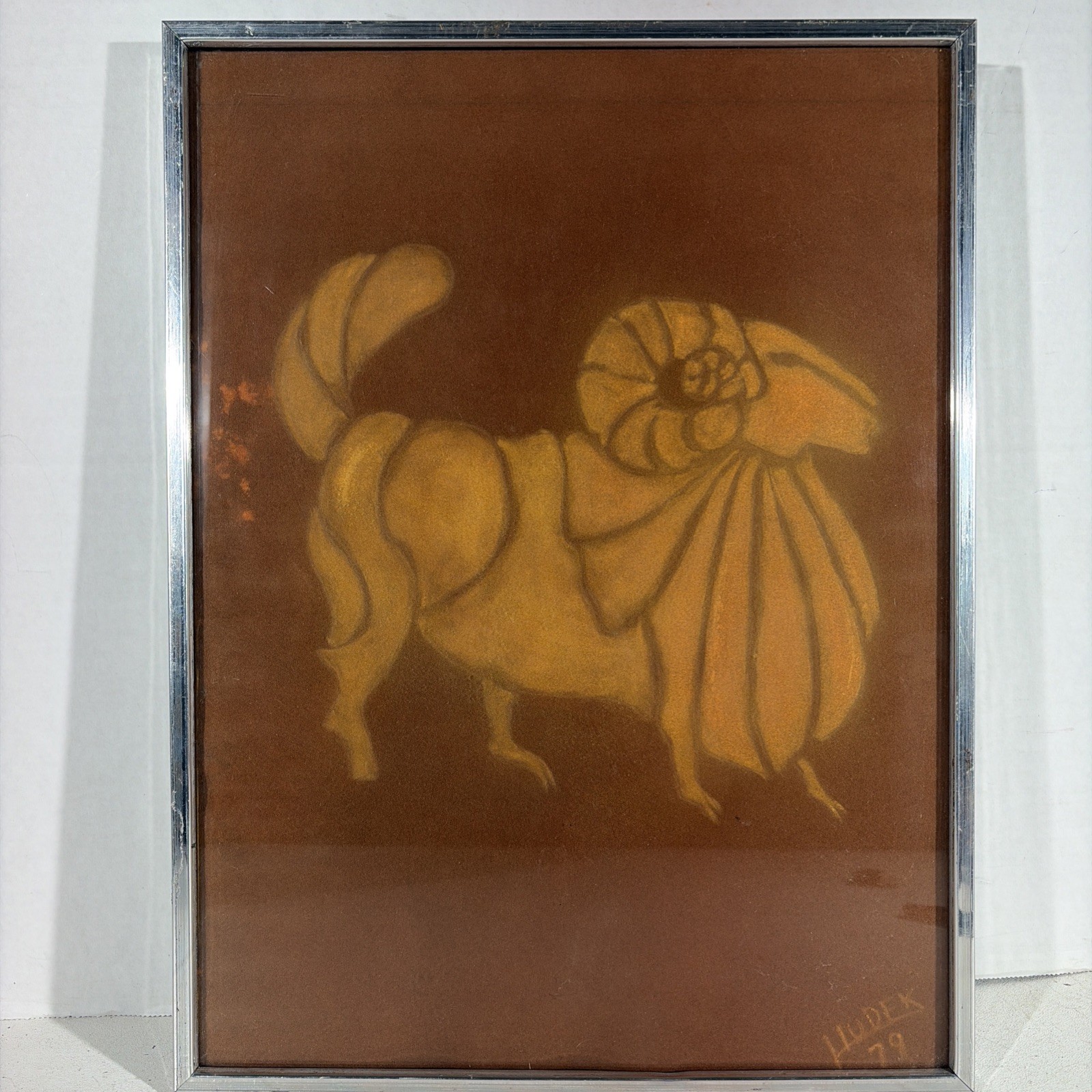 Vintage 1979 Modern Abstract Aries Zodiac Ram Art Painting Brown Golden Yellow