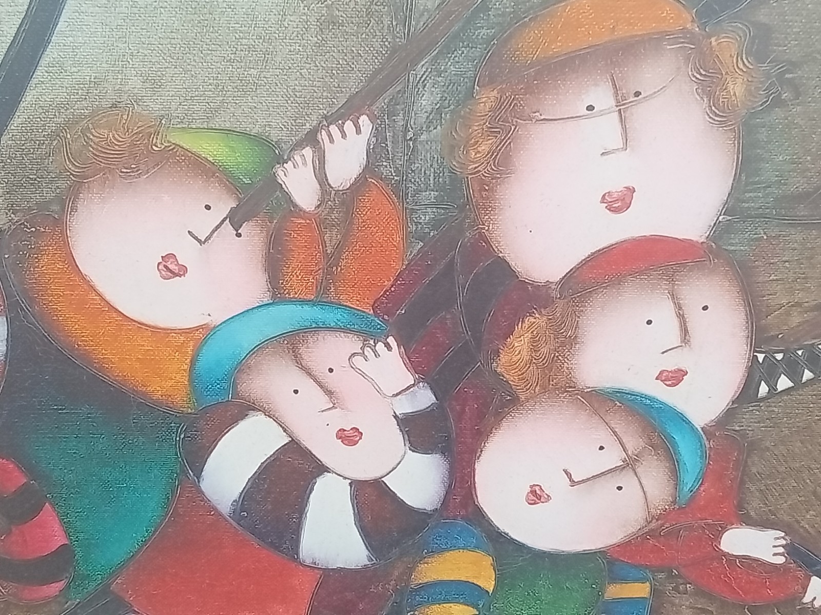 J. Roybal Children Playing Hockey Painting Signed