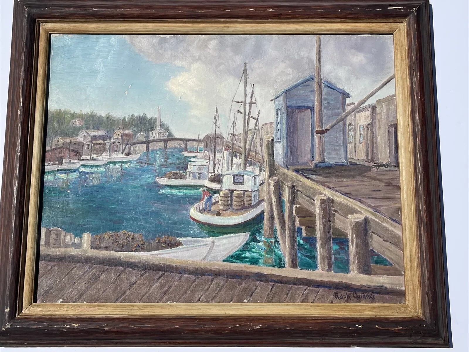 ANTIQUE LANDSCAPE PAINTING AMERICAN NAUTICAL COASTAL FISH HARBOR OIL 26″ GARDNER