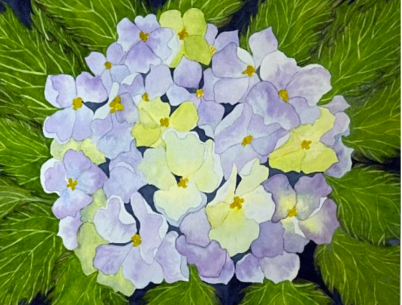 PAINTING WATERCOLOR 11X14 WHITE MAT 16X20 FLOWER HYDRANGEA PURPLE BLUE ORIGINAL
