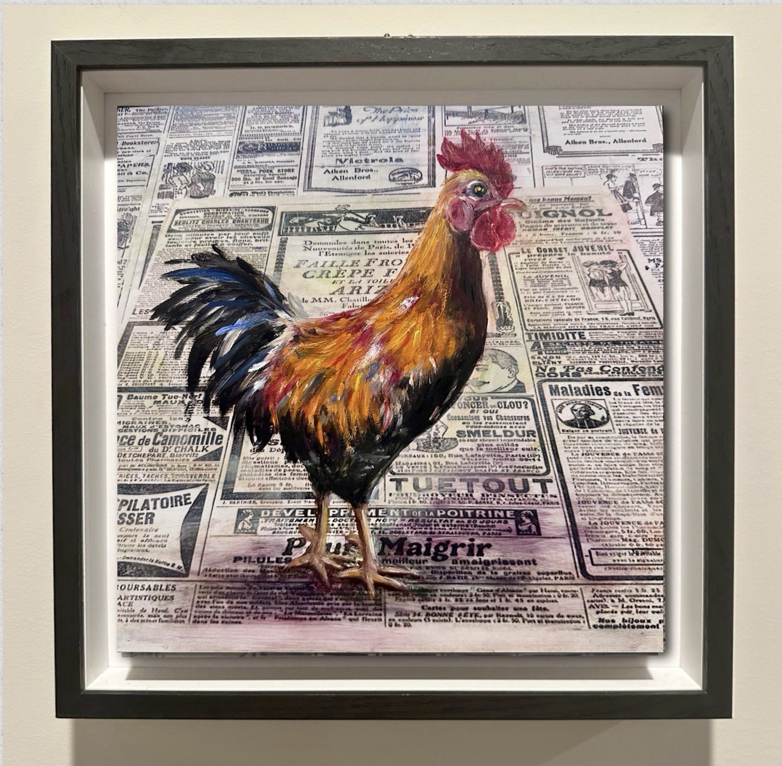 Original Oil Painting on aluminum Newspaper Panel Proud Rooster, Framed Signed