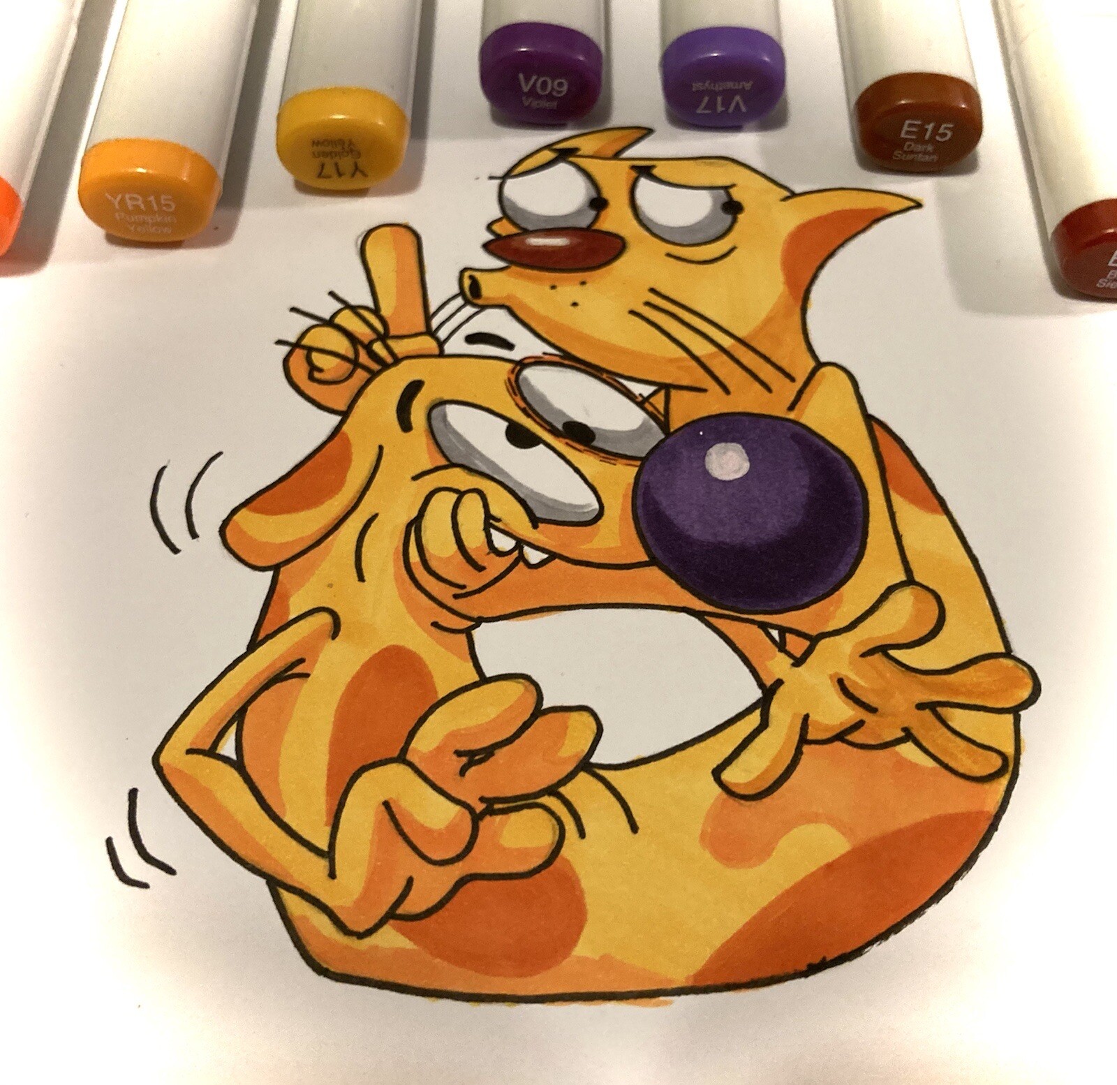5×5 Catdog Drawing Colored In With Copic Markers Original Artwork