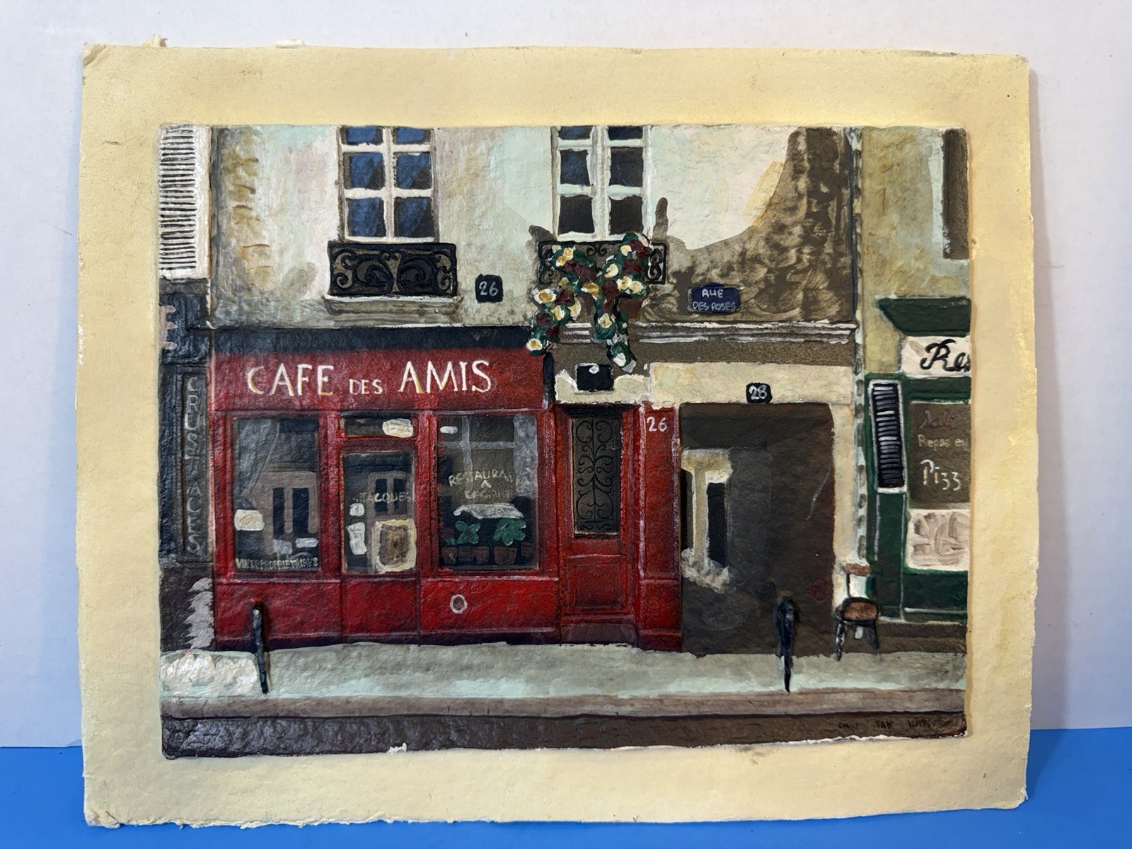 Cafe Des Amis Paris At Christmas Oil Vintage Painting By Chiu Tak Hak B. 1943