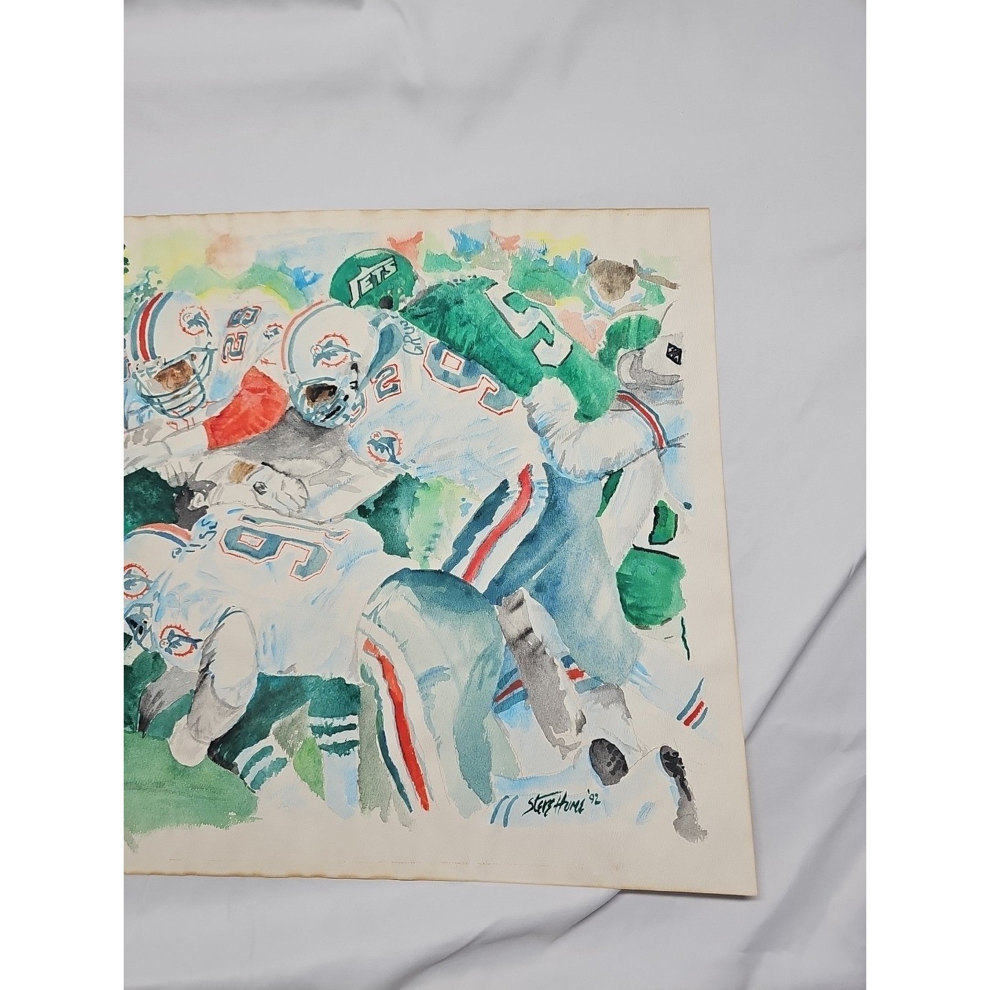 1992 Miami Dolphins NY Jets Signed Watercolor NFL Sports Art 18×23