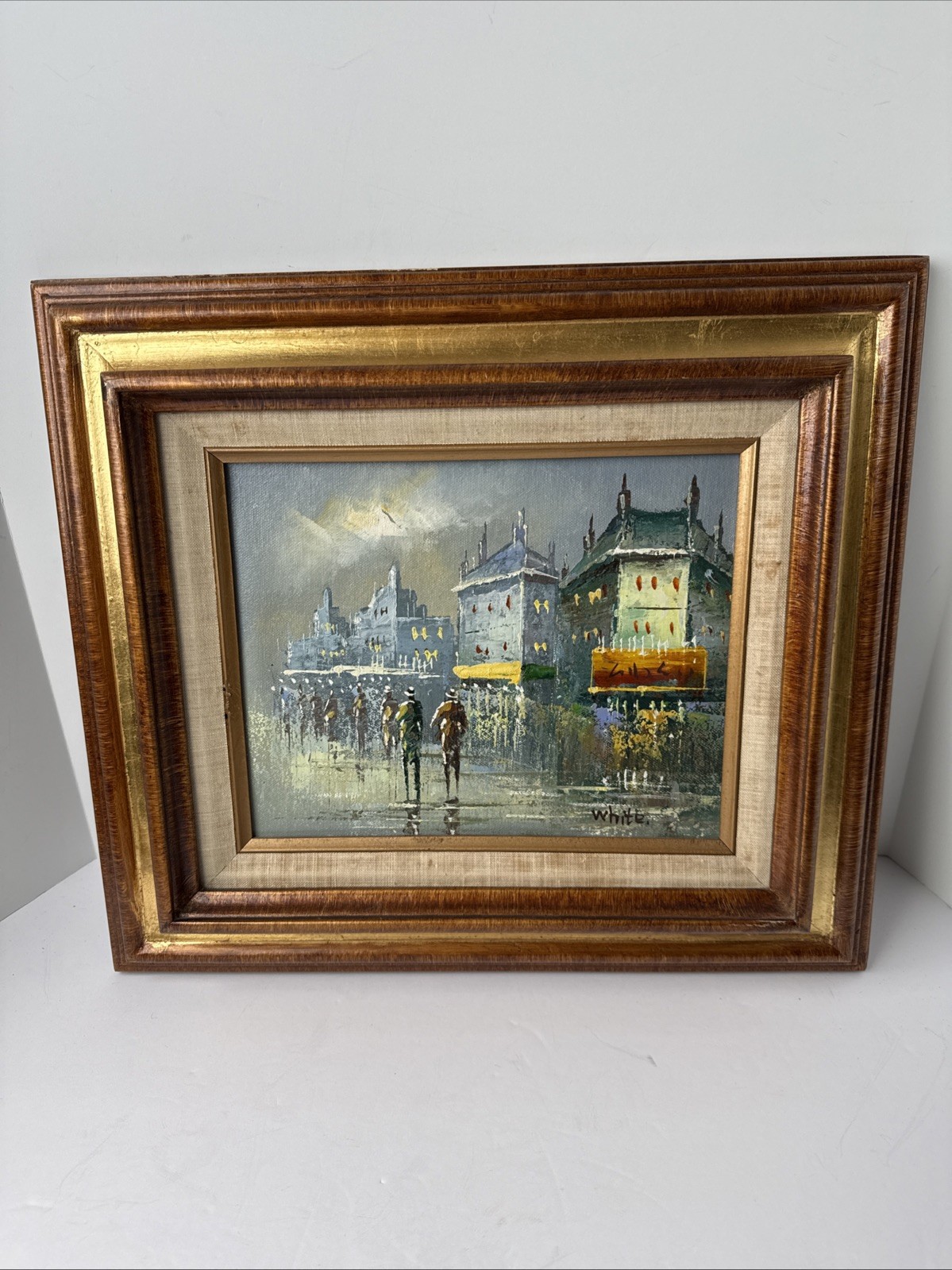 Vintage Oil Painting on Canvas Paris Street Scene Signed White Framed 17″×14″