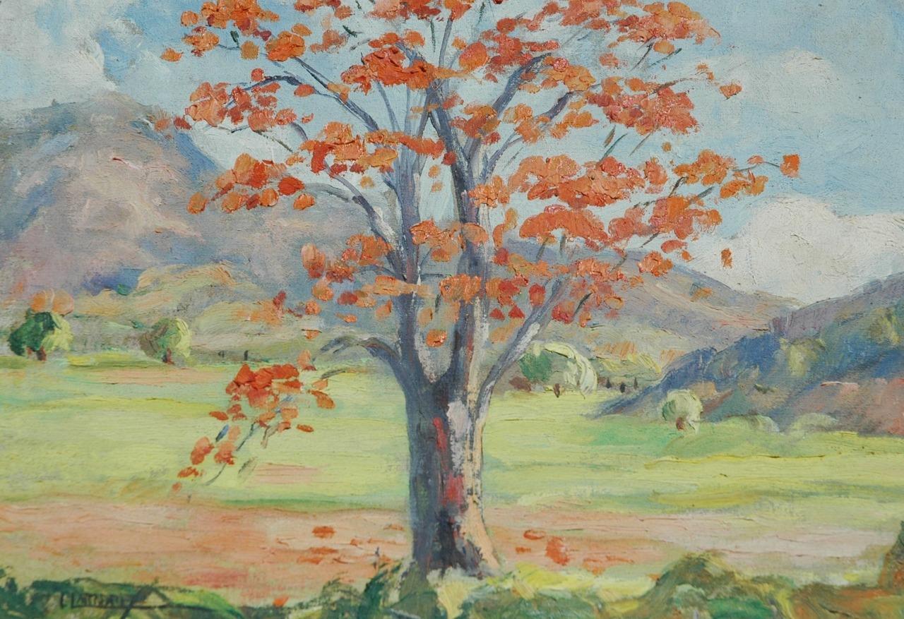 Beautiful Vintage Oil On Board of An Autumn Landscape Illegibly Signed