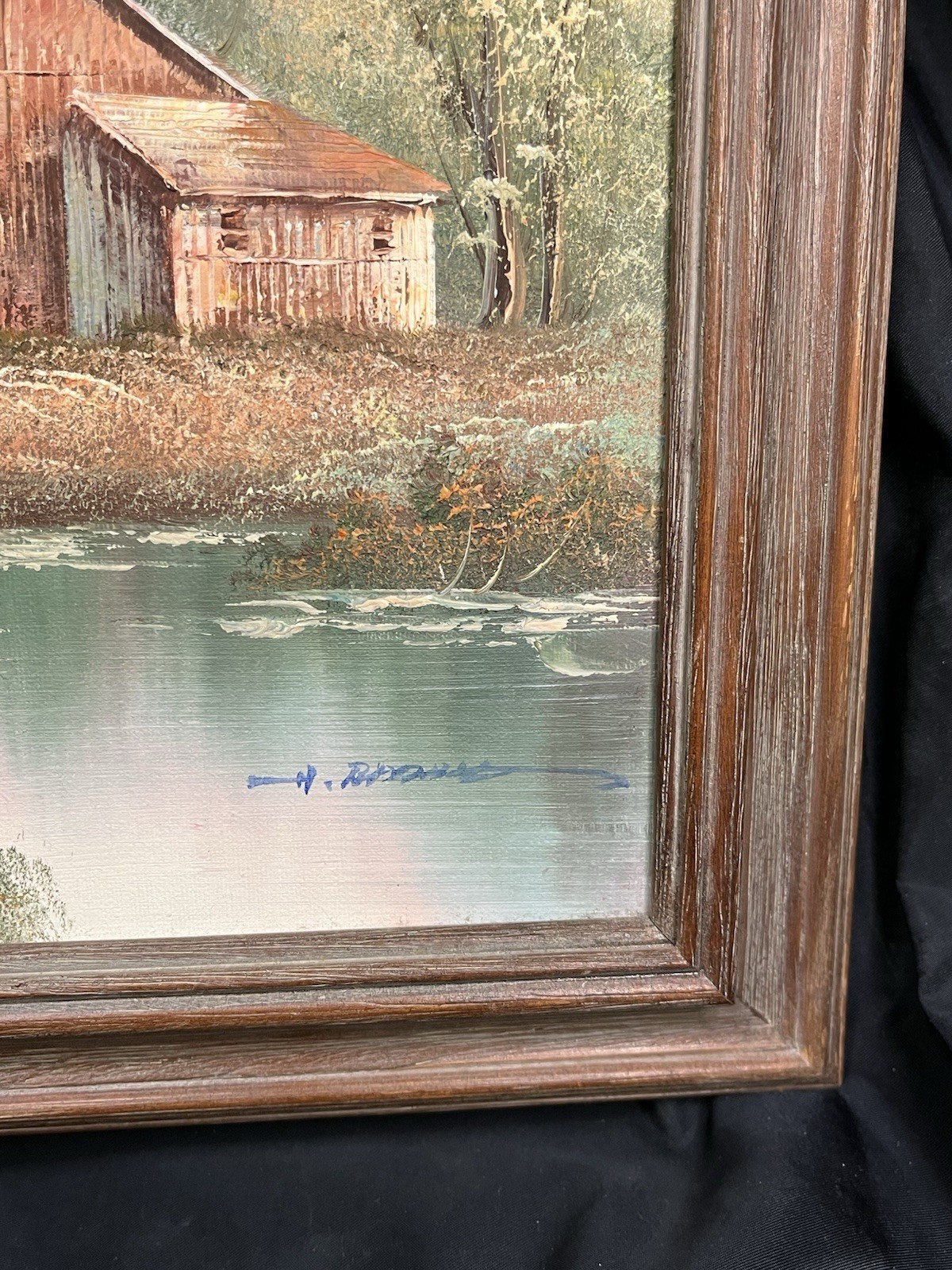 VINTAGE ORGINAL OIL ON CANVIS RUSTIC BARN ON WATER SCENE FRAMED 12 X 16” SIGNED