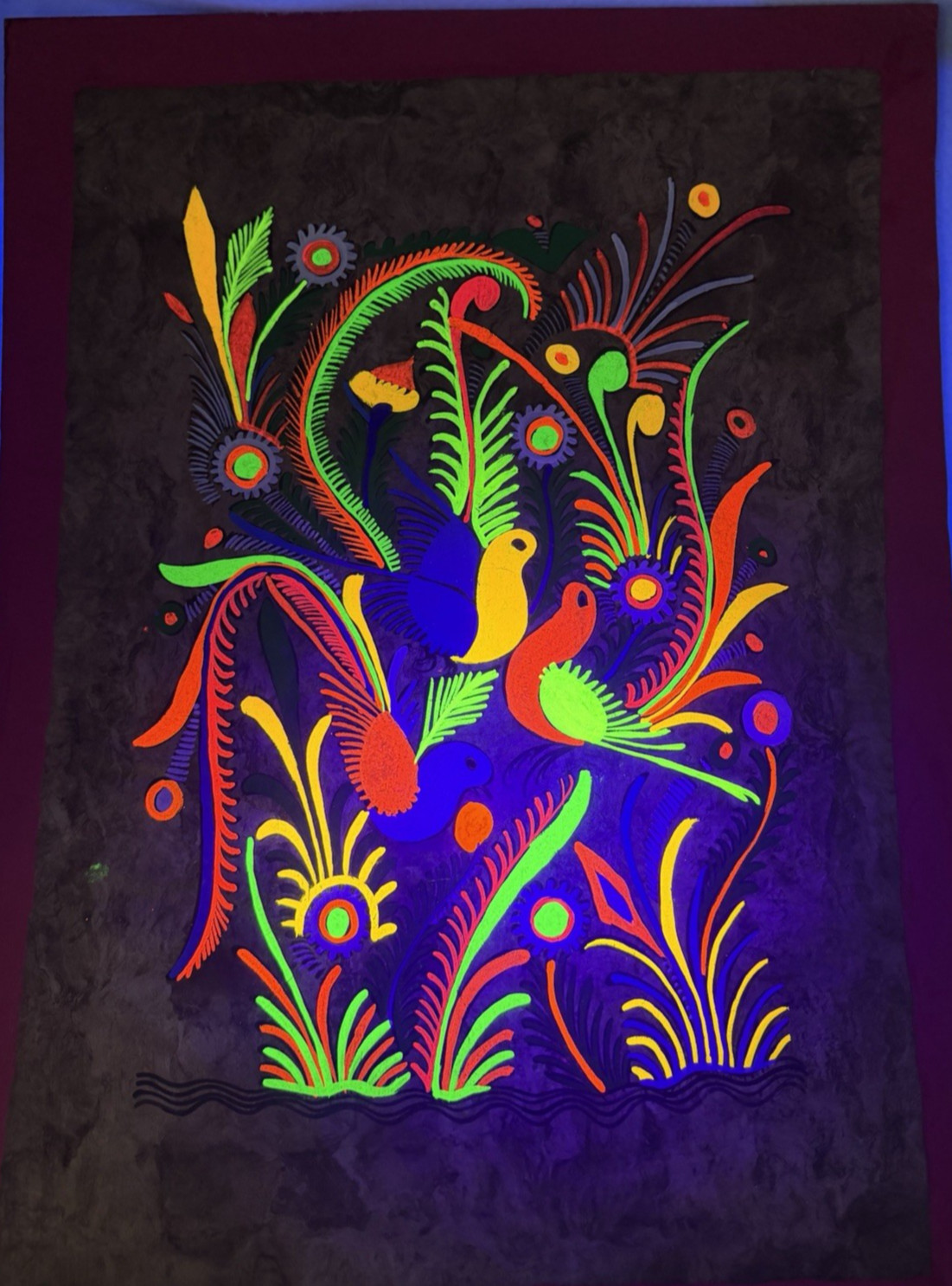 Large Vintage UV – BLACK LIGHT PAINTING of BIRDS OF PARADICE