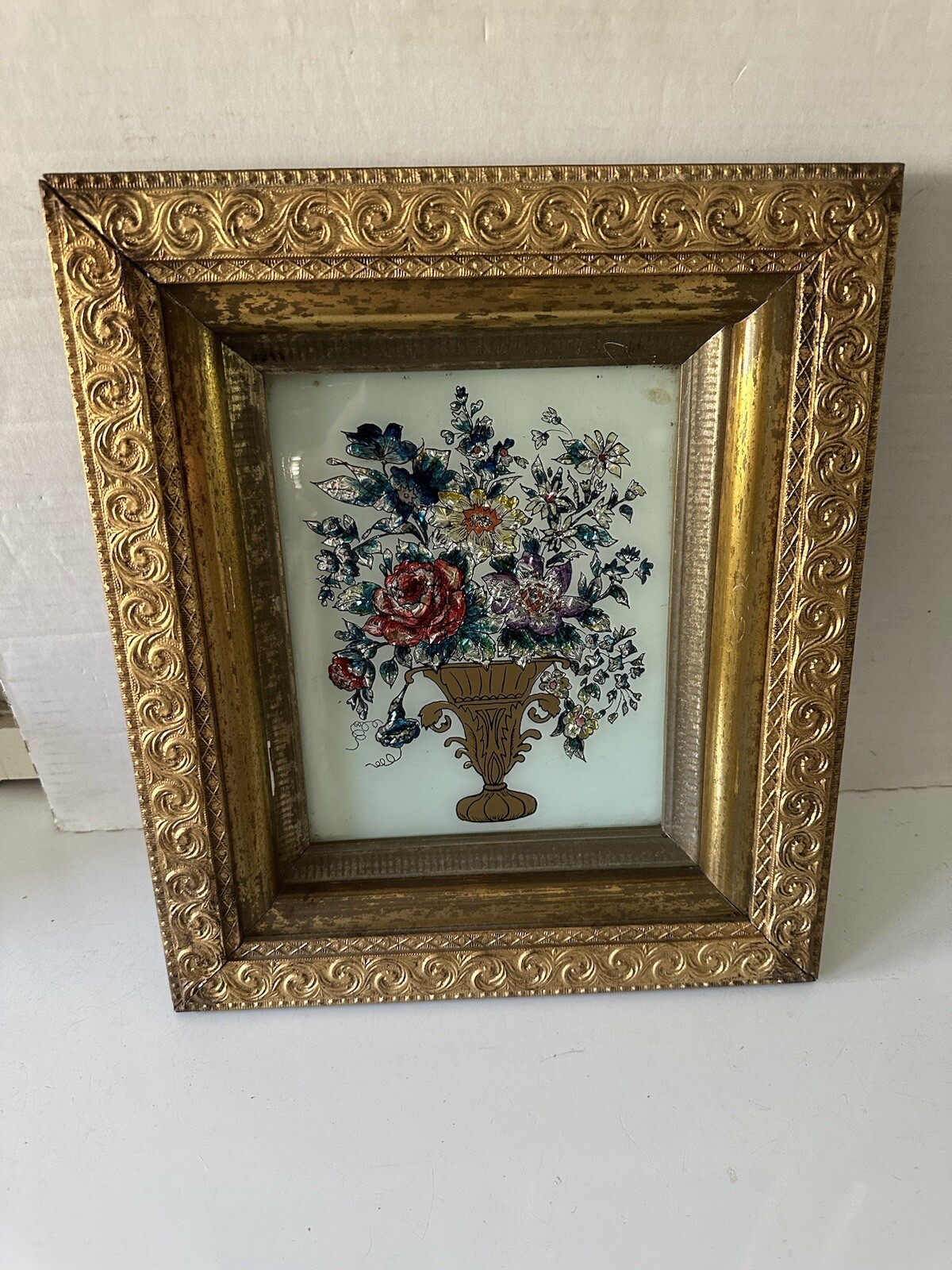 Antique Reverse Glass Painting Flowers in Magnificent Gold Gesso Deep Wood Frame