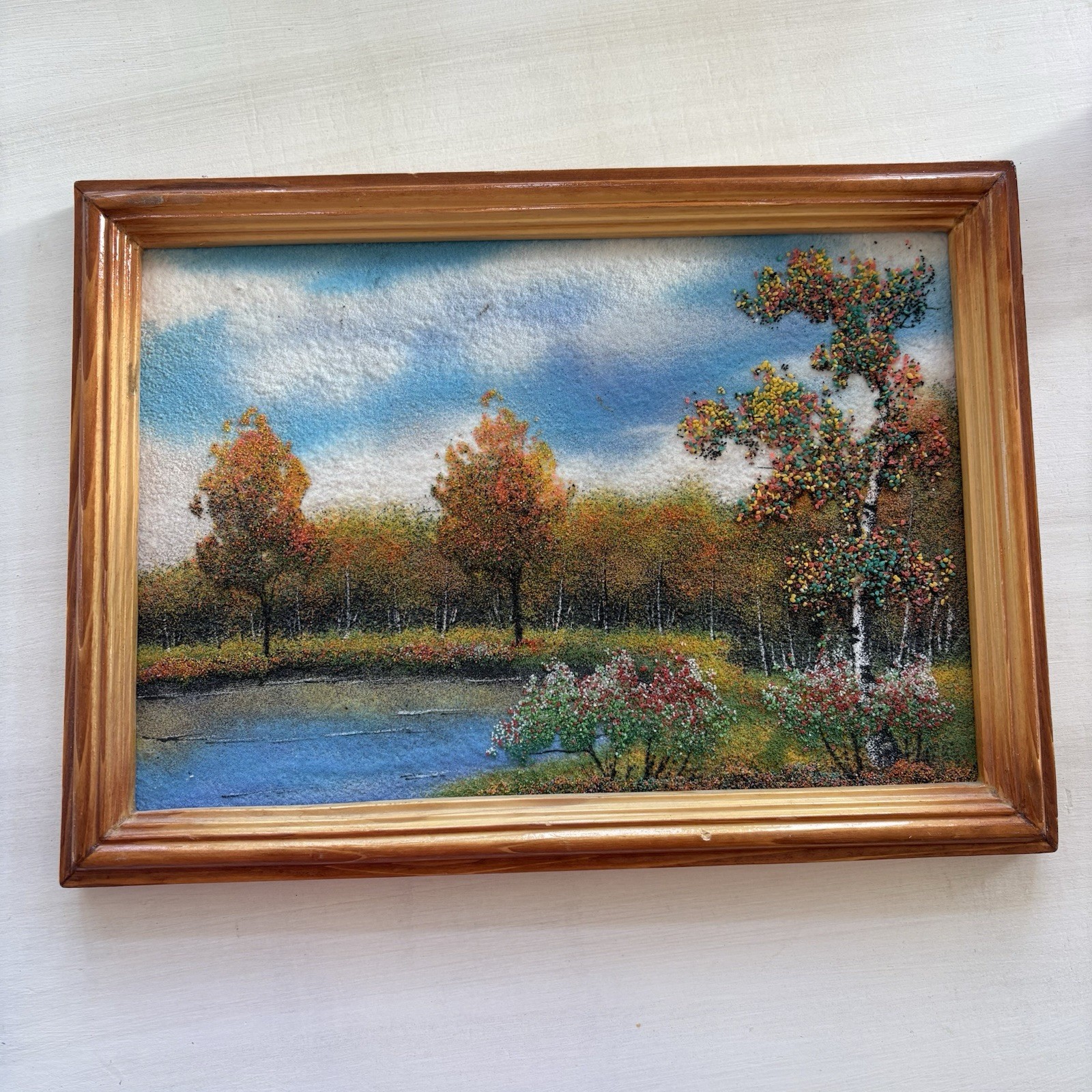 Vintage Framed Sand Art Landscape Original Painting Folk Art 13”x9”