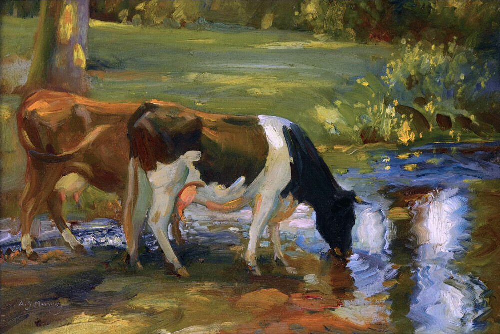 painting Giclee Decor Dairy cows by a stream Oil Wall art HD Printed on Canvas