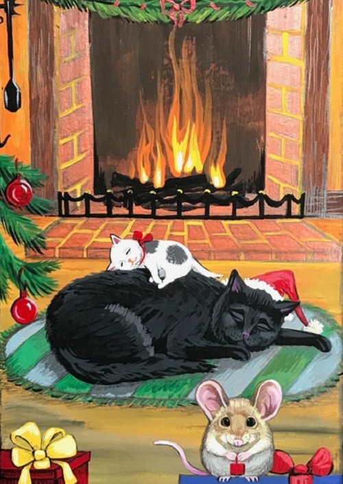 ACEO PRINT OF PAINTING RYTA BLACK CAT MICE CHRISTMAS TREE GIFT FOLK ART WREATH