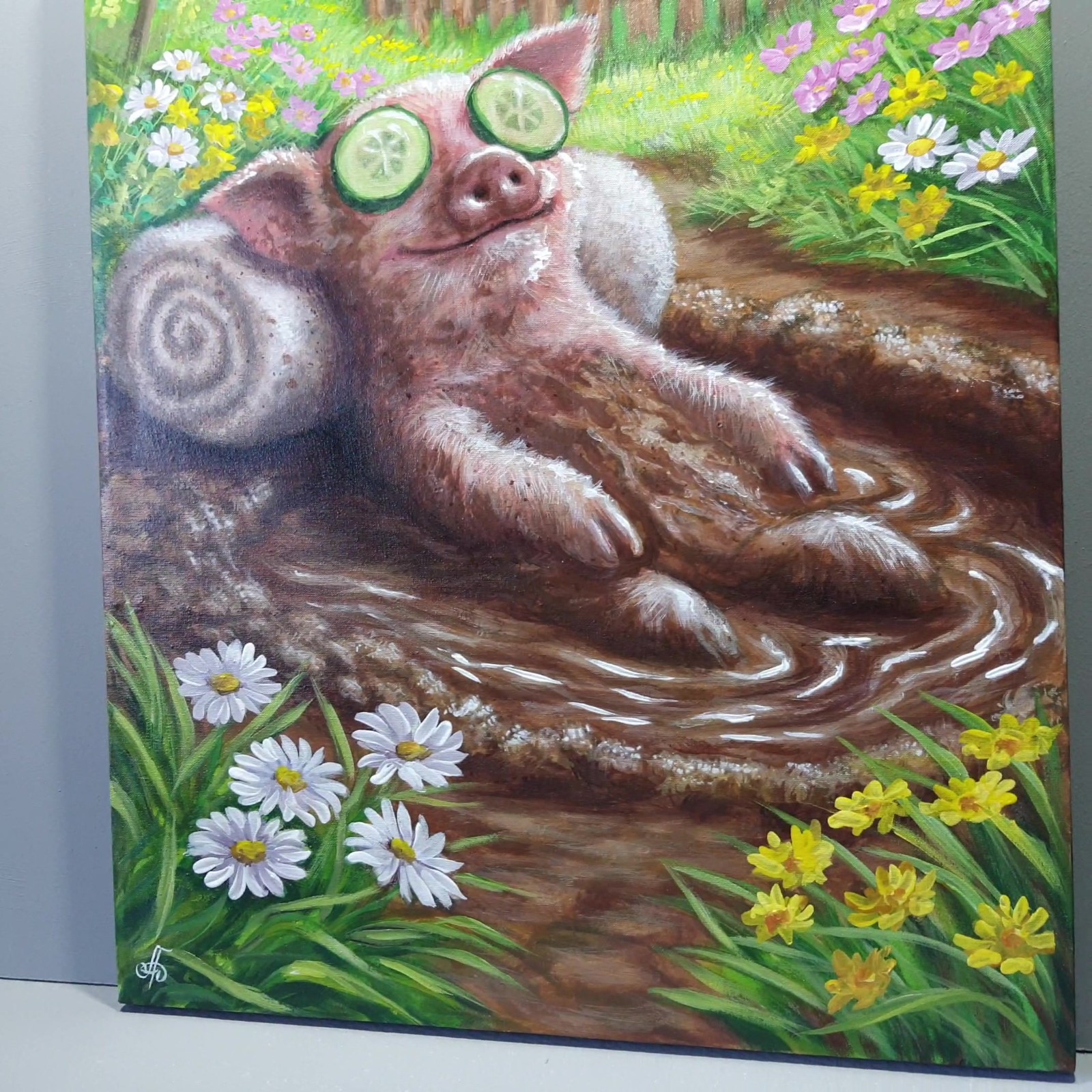 Original Acrylic Funny Pig Painting Mud Spa Humor Farm Animal Art OOAK 16×20