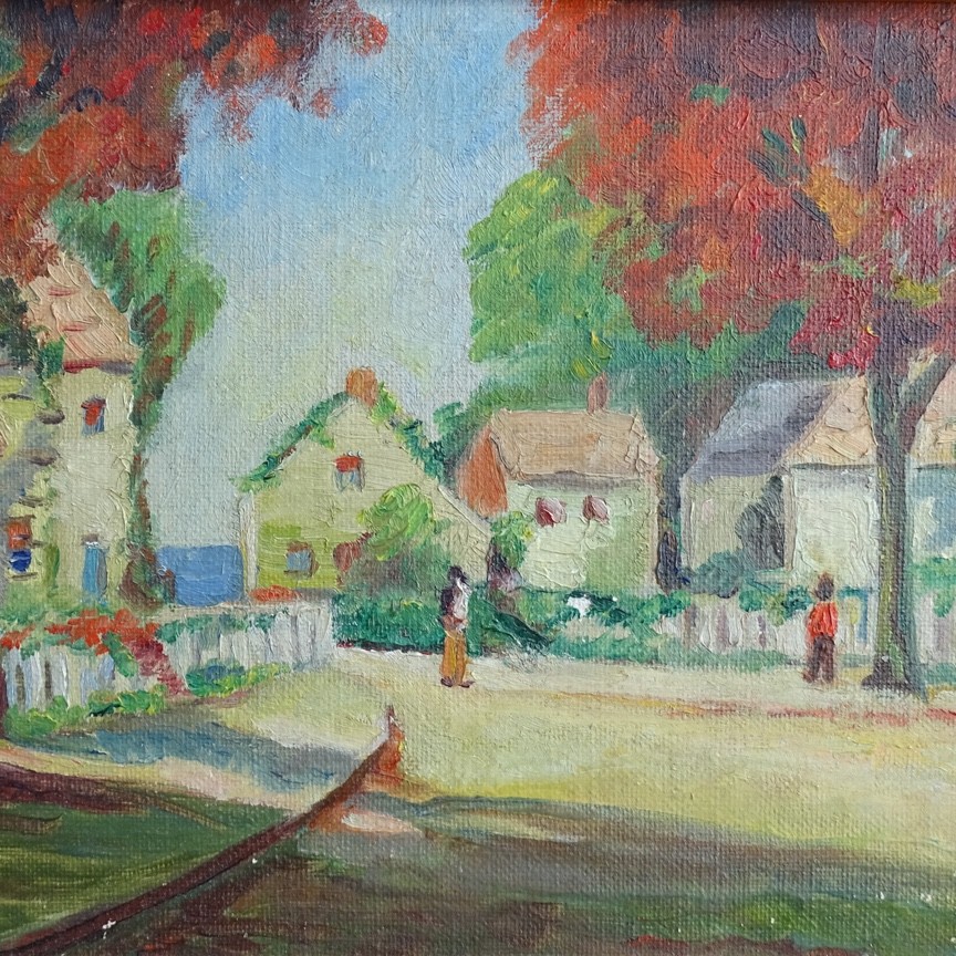 Miniature Landscape Oil Painting Coastal Village People Quaint Framed 9.25×7.25