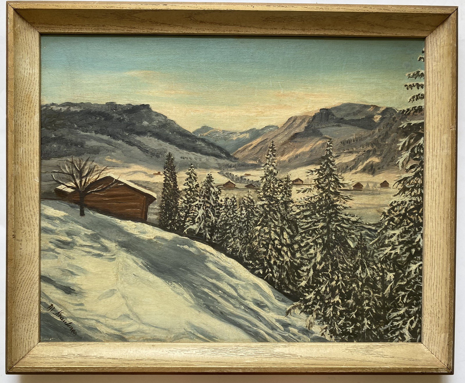 Mid Century 40s 50s Original Swiss Alps Winter Mountain Landscape Oil Painting