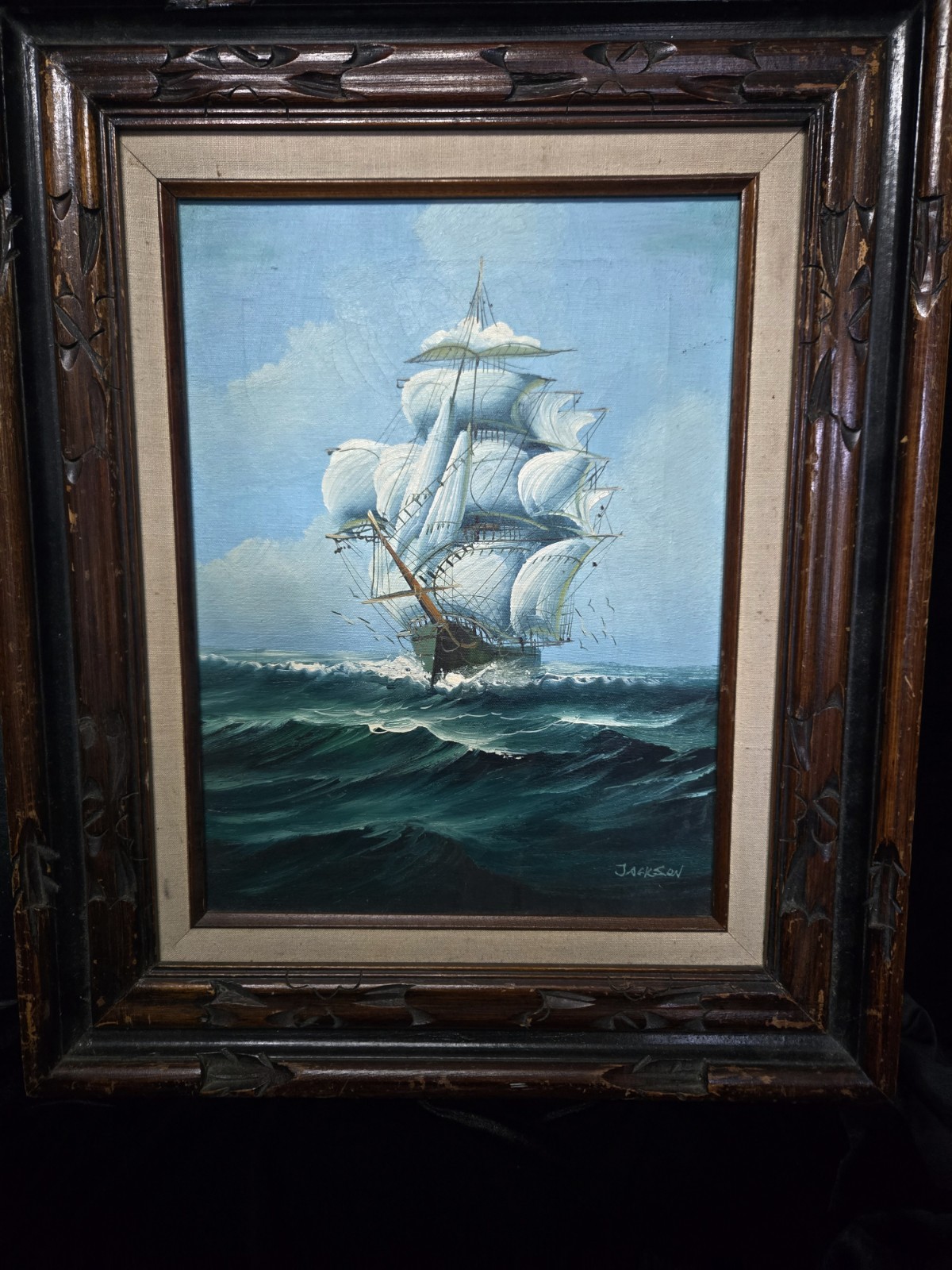 Jackson Signed Framed Realism Canvas Painting Nautical Seascape Sailing Ship