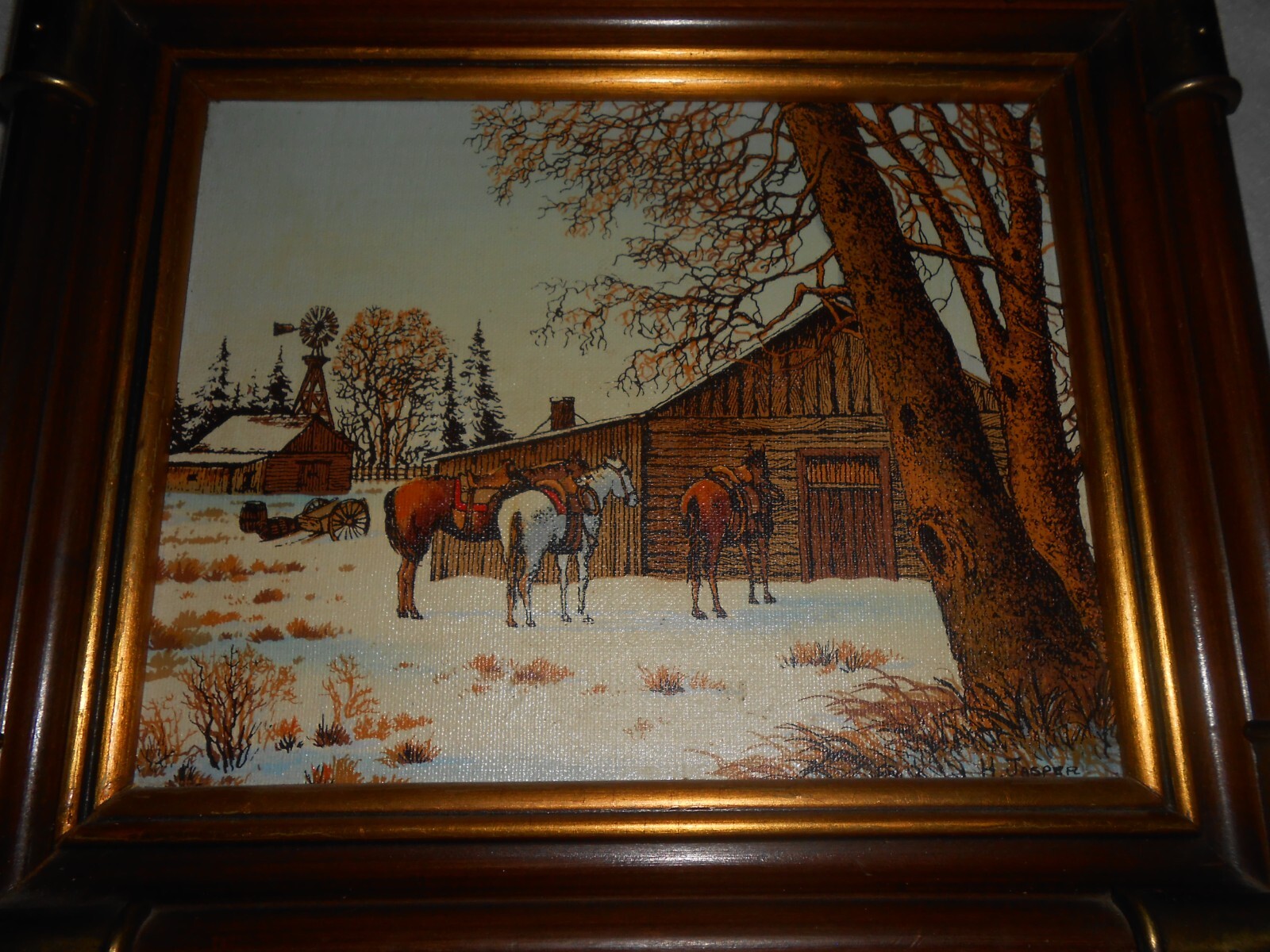 Framed – Signed H. Jasper Farm Scene With Horse Hand Painted Serigraph On Canvas
