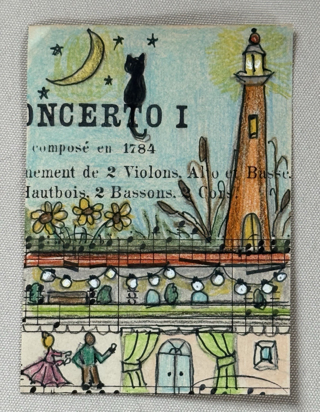 Aceo Original Art Trading Card, Fun, whimsical scene, music, Art By Sommer Rayn