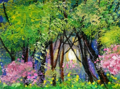 ACEO Original PAINTING Spring TREES Pink Flowers Dusk Nature Landscape ATC ART